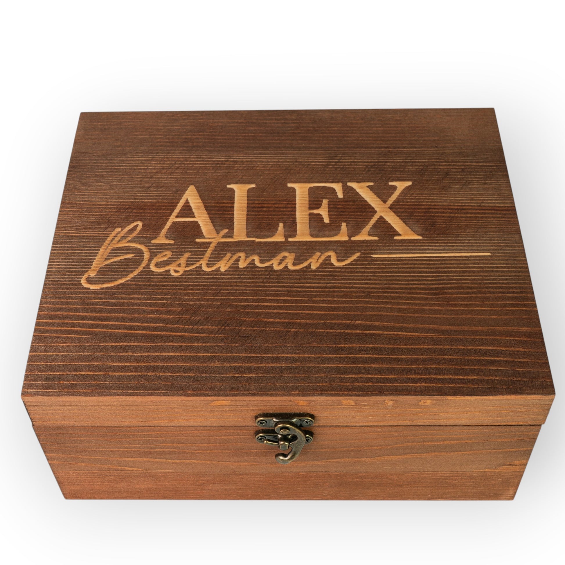 HouseEco personalised wooden whiskey gift box engraved with 'ALEX Bestman'