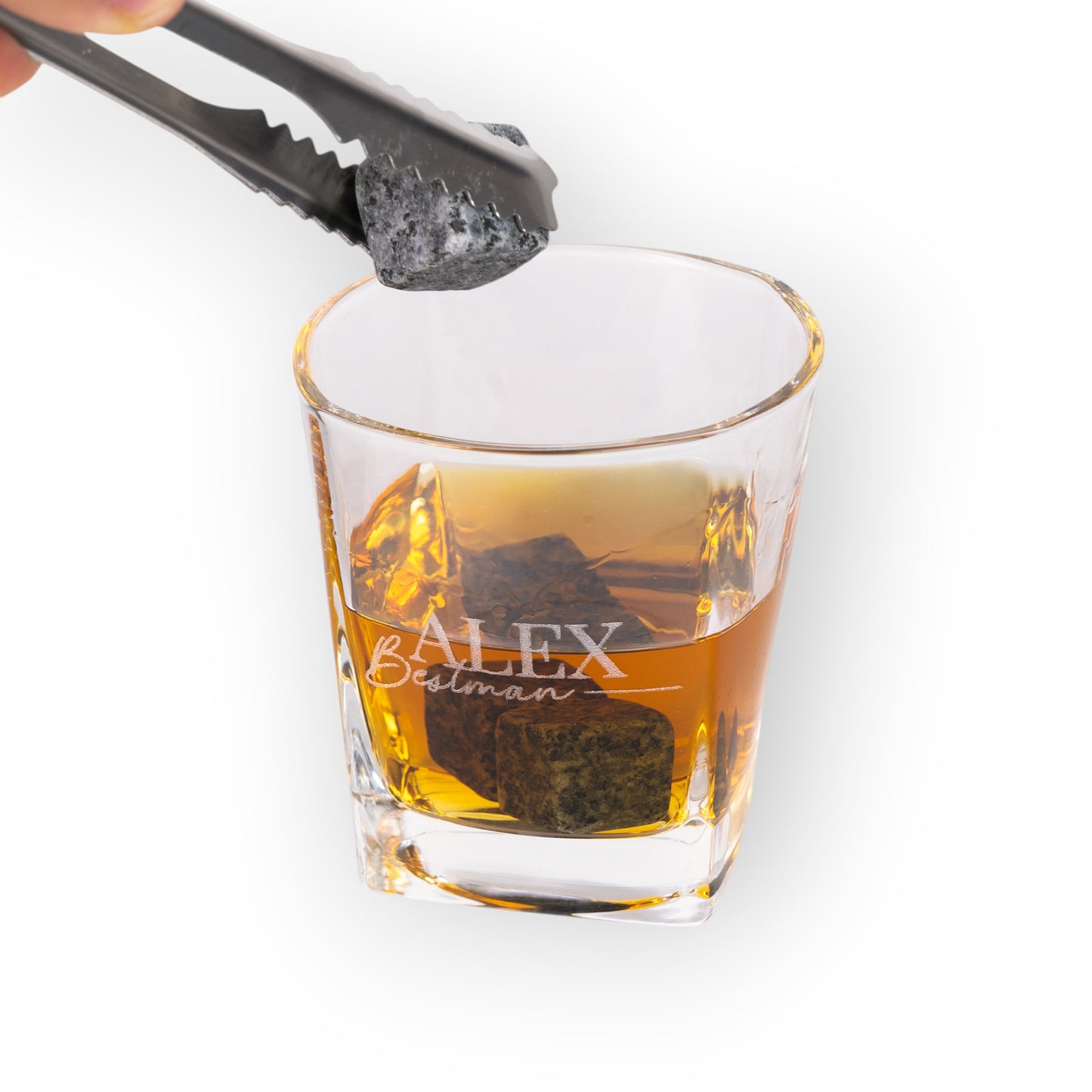 HouseEco personalised whiskey gift set with engraved glass, stone cubes, and tongs. Ideal for groomsmen.