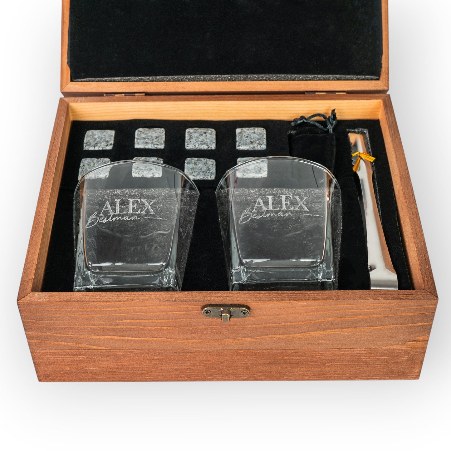 HouseEco personalised whiskey gift set with two engraved glasses, stone ice cubes, tongs, and wooden box.