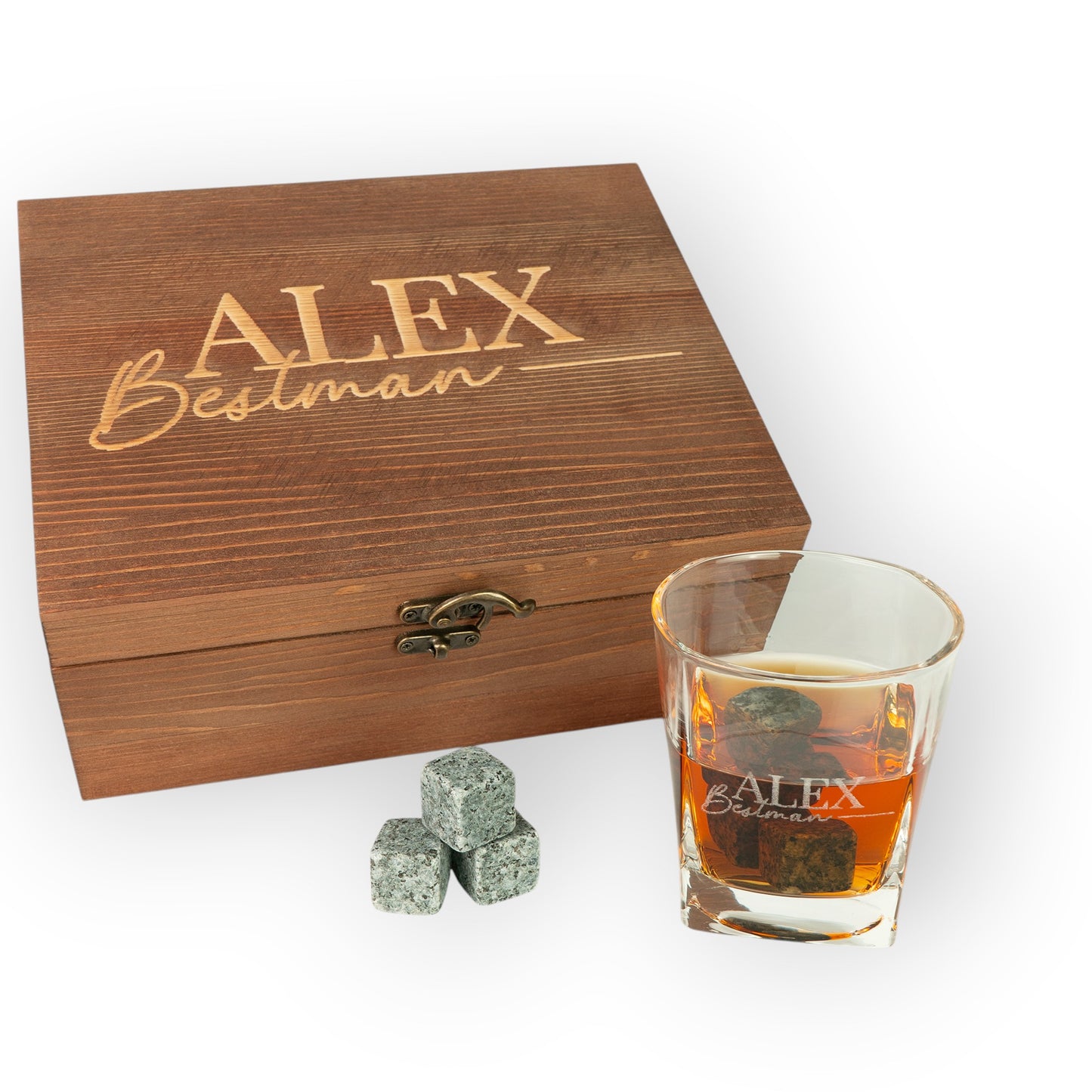 HouseEco personalised whiskey gift set with engraved wooden box, rocks glass, and stone ice cubes. Ideal for best man gifts.