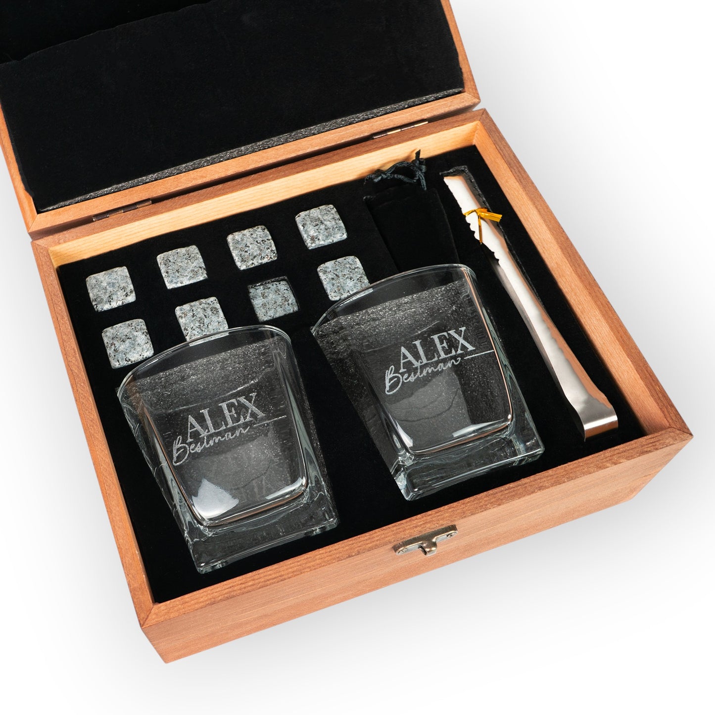 HouseEco personalised whiskey gift set with two engraved glasses, stone ice cubes, tongs, and wooden box.