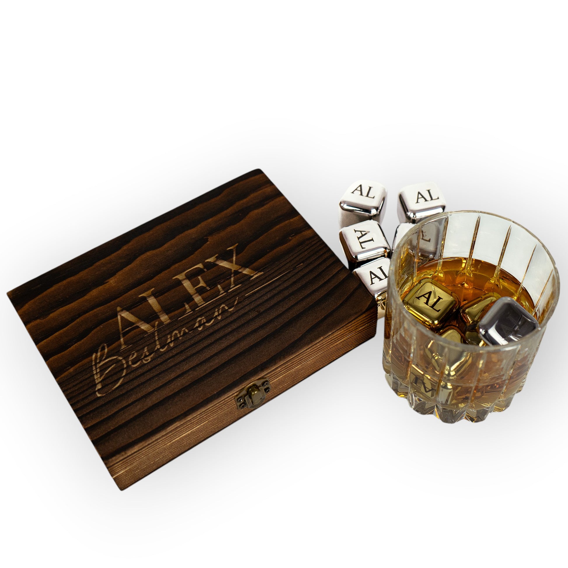 HouseEco personalised whiskey stones set with engraved stainless steel ice cubes and custom wooden box, ideal for groomsmen gifts.