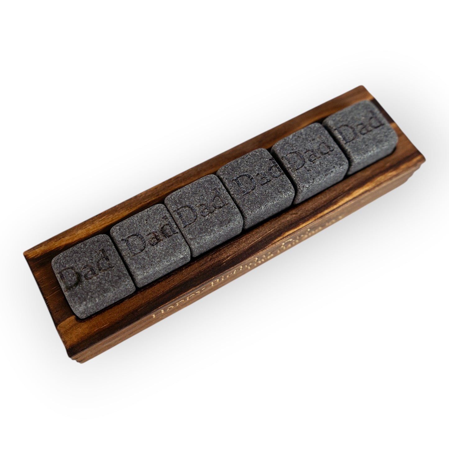 HouseEco personalised granite whiskey stones set with 'Dad' engraving on wooden base. Ideal gift for Father's Day.