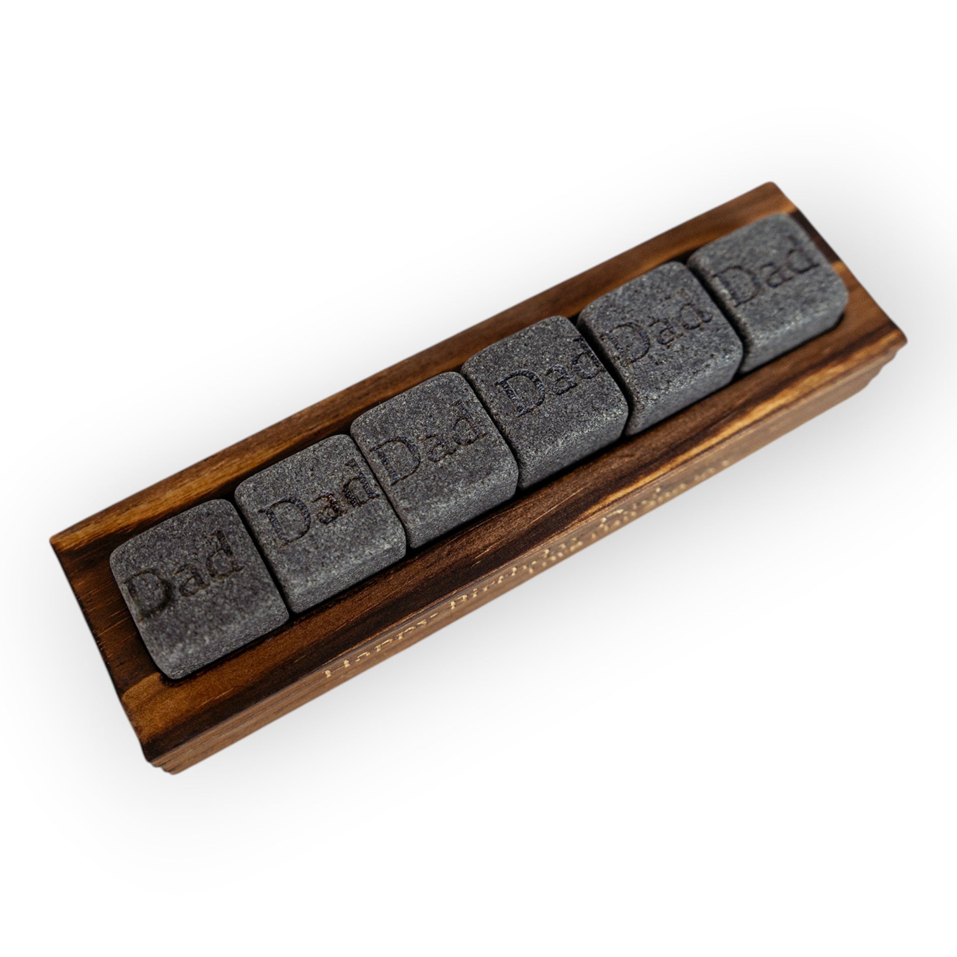 HouseEco personalised granite whiskey stones set with 'Dad' engraving on wooden base. Ideal gift for Father's Day.