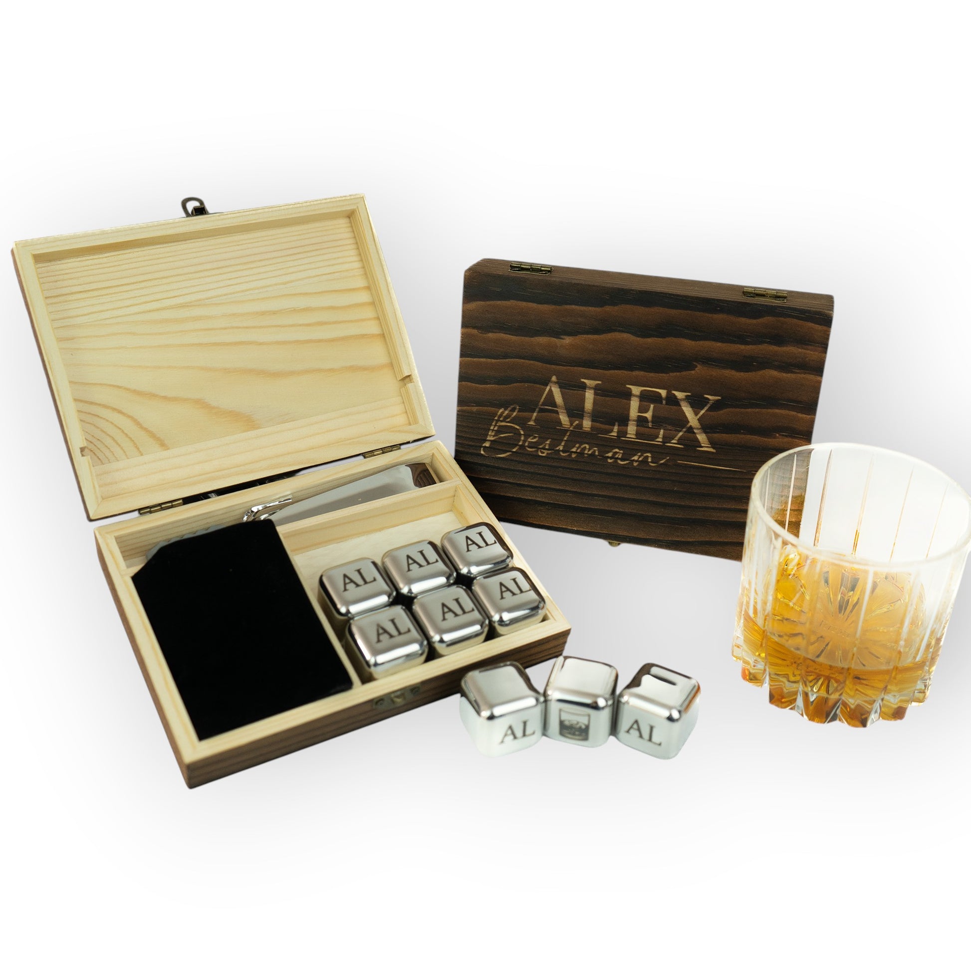 HouseEco personalised whiskey stones set with 9 engraved stainless steel ice cubes in a custom wooden box, with a whiskey glass.