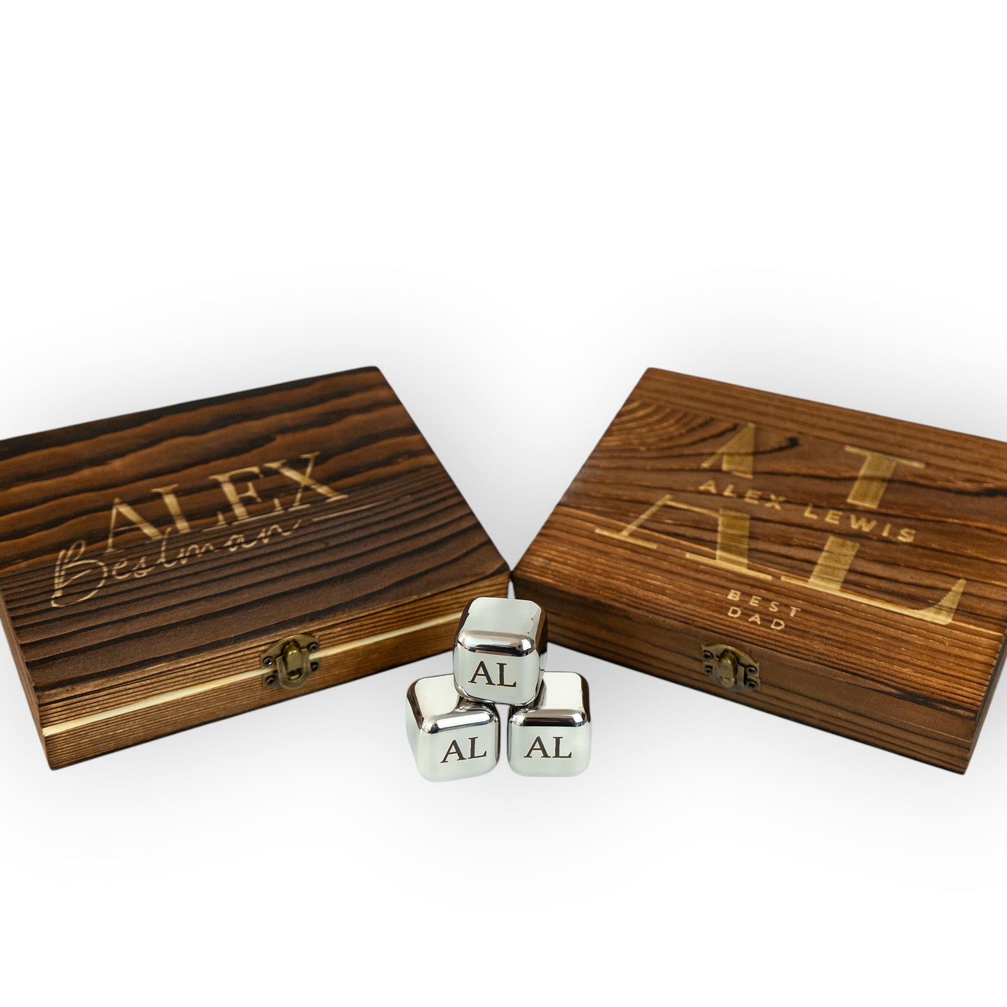 HouseEco personalised whiskey stones set with engraved stainless steel ice cubes and custom wooden box. Ideal gift.
