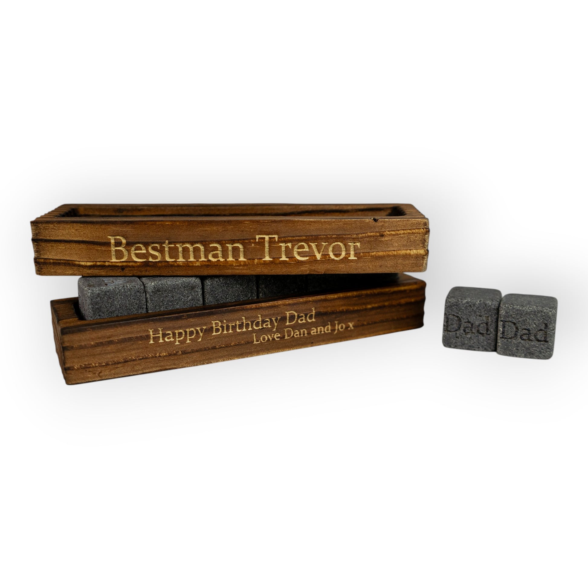 HouseEco personalised granite whiskey stones set with engraved wooden base, perfect for gifts.