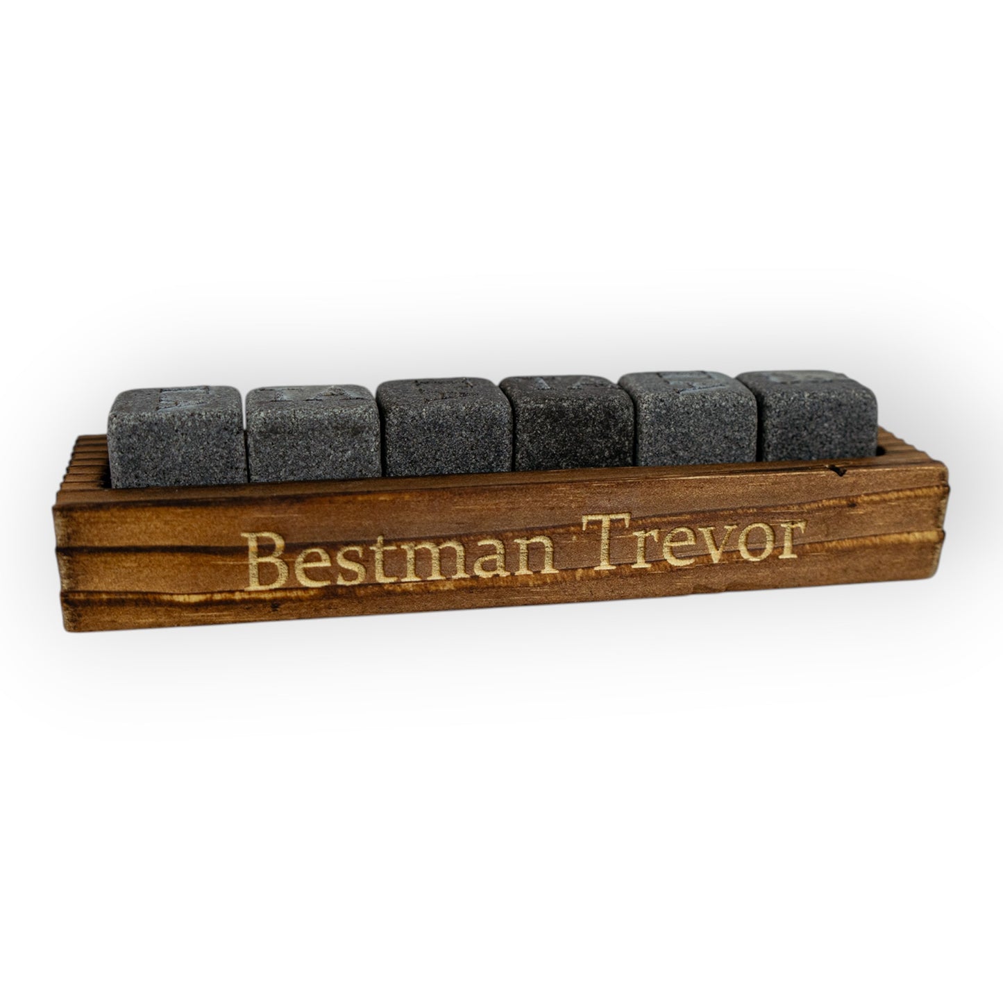 HouseEco personalised whiskey stones set with 6 granite cubes on an engraved wooden base, ideal for groomsmen gifts.