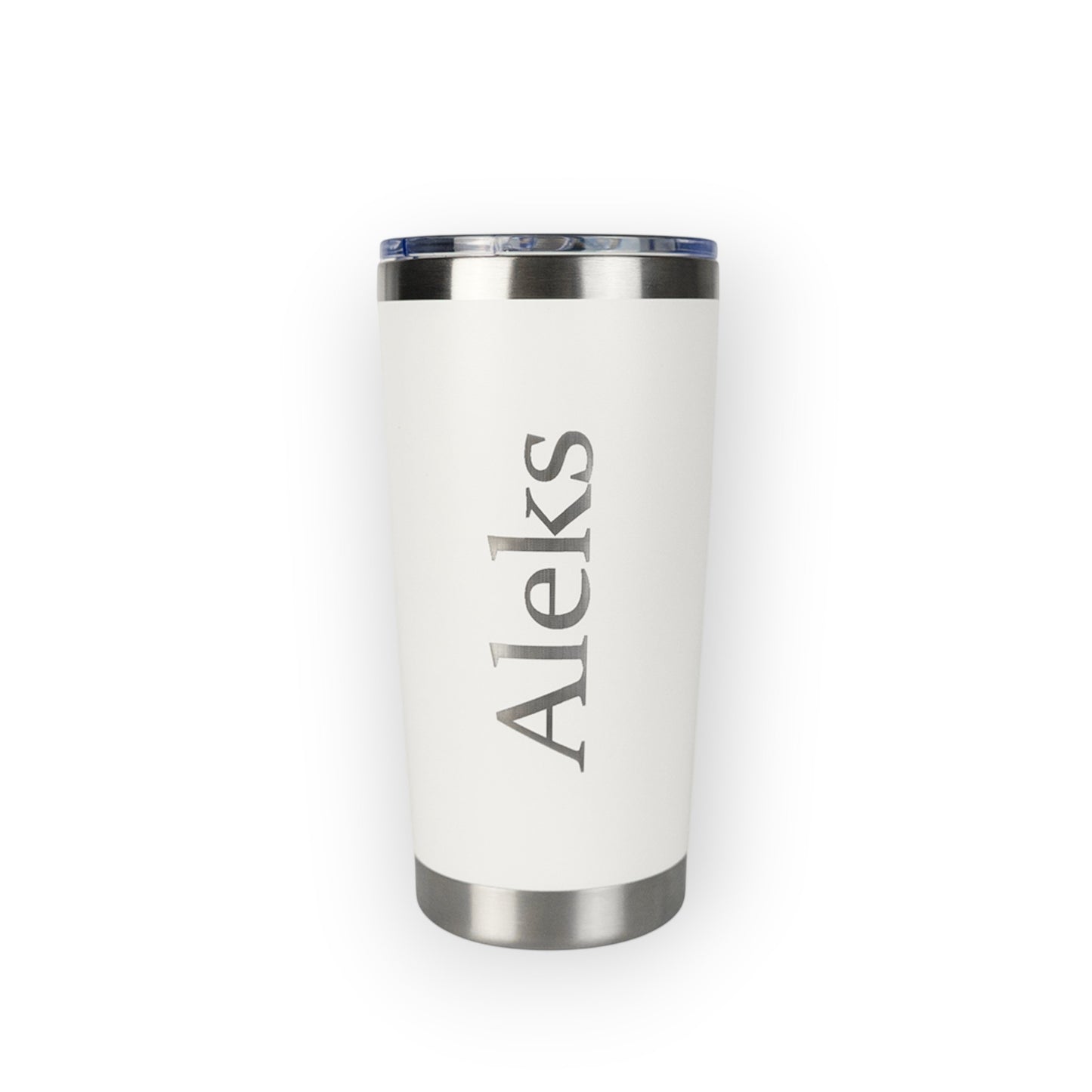 HouseEco personalised white insulated 500ml coffee mug with engraved name 'Aleks'. Stainless steel base and lid.