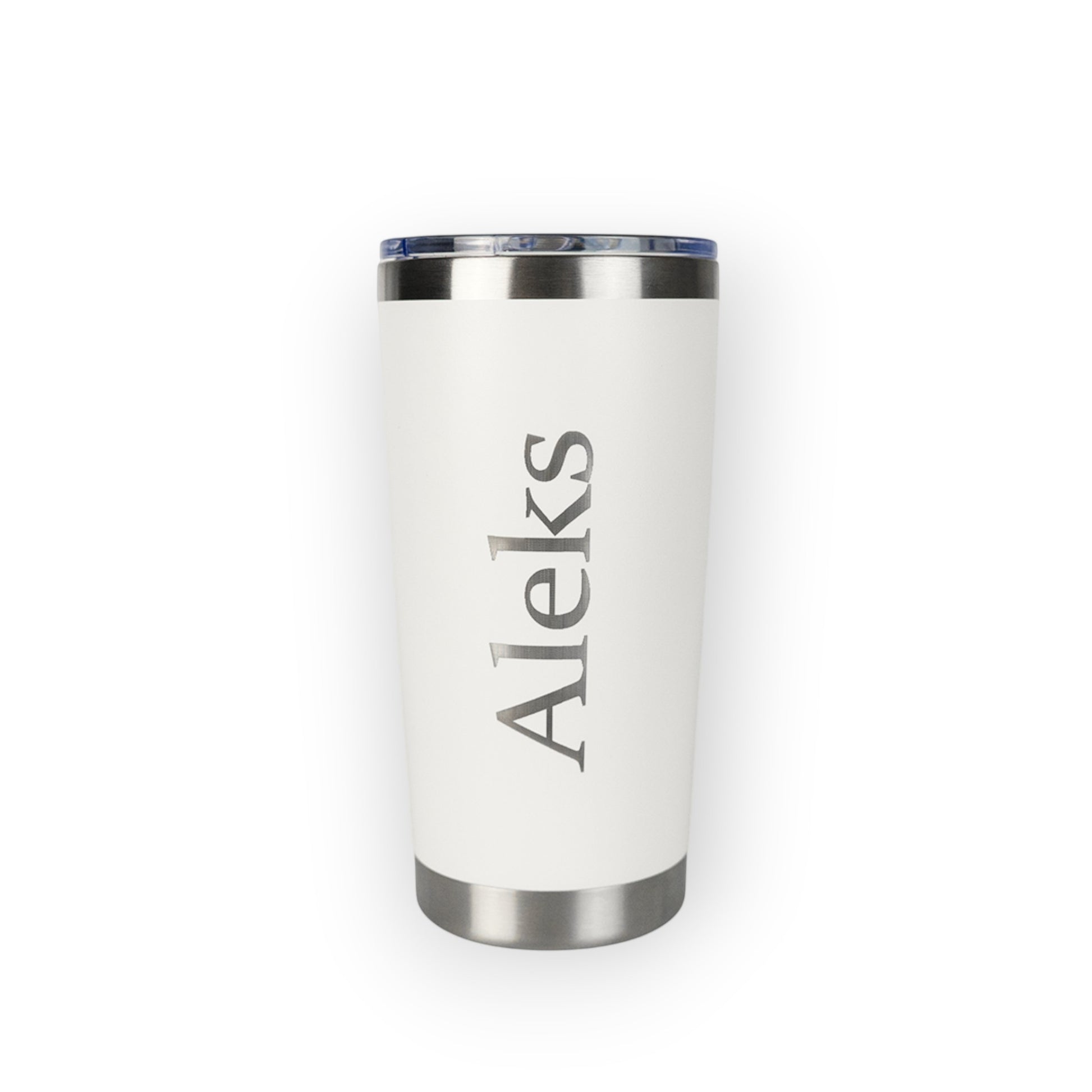 HouseEco personalised white insulated 500ml coffee mug with engraved name 'Aleks'. Stainless steel base and lid.