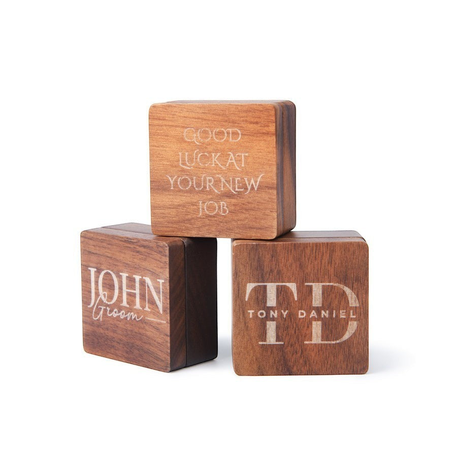 HouseEco personalised wooden cufflinks engraved with names and messages, presented in a wooden gift box.