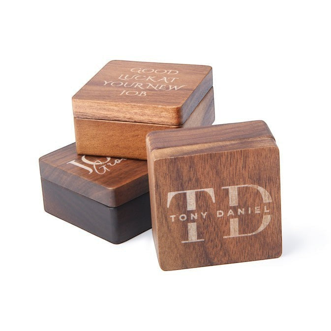 HouseEco personalised wooden gift boxes with engraved text and initials, perfect for cufflinks.