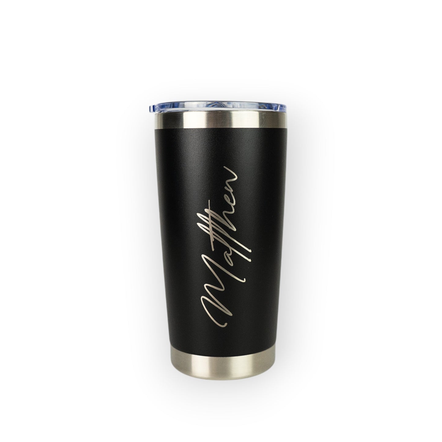 HouseEco black 500ml insulated travel mug with custom engraved name 'Matthew' in script font.
