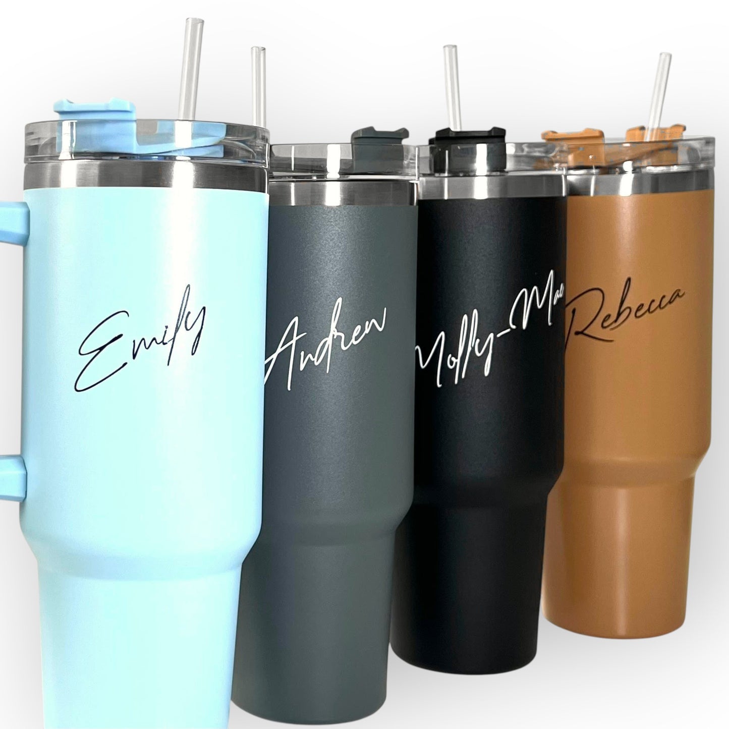 HouseEco personalised insulated travel mug with handle and straw, 1.2L capacity, available in light blue, grey, black, and tan.