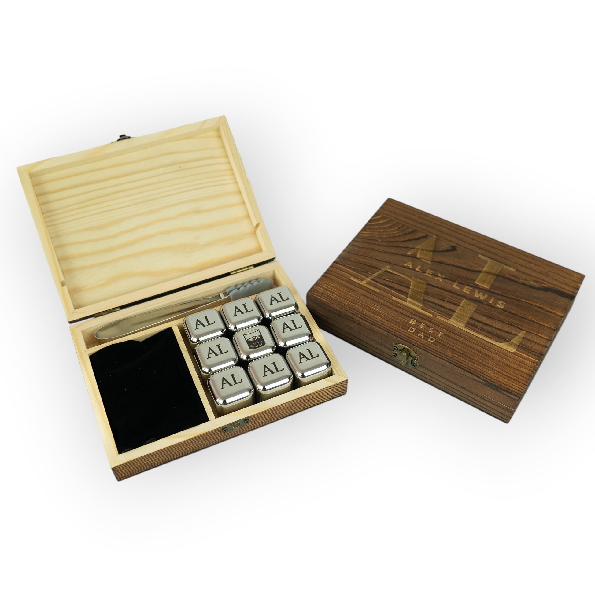 HouseEco personalised whiskey stones set with 9 engraved stainless steel ice cubes in a wooden box, ideal for gifts.