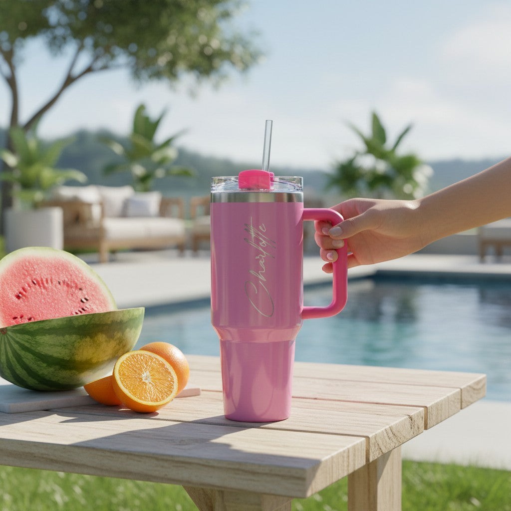 HouseEco pink 1.2L stainless steel insulated travel mug with handle and straw, personalised with name.