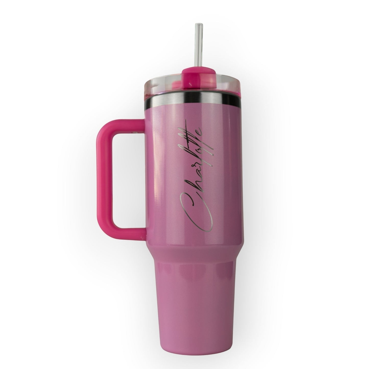 HouseEco pink stainless steel 1.2L travel mug with handle, straw, and personalised name engraving.