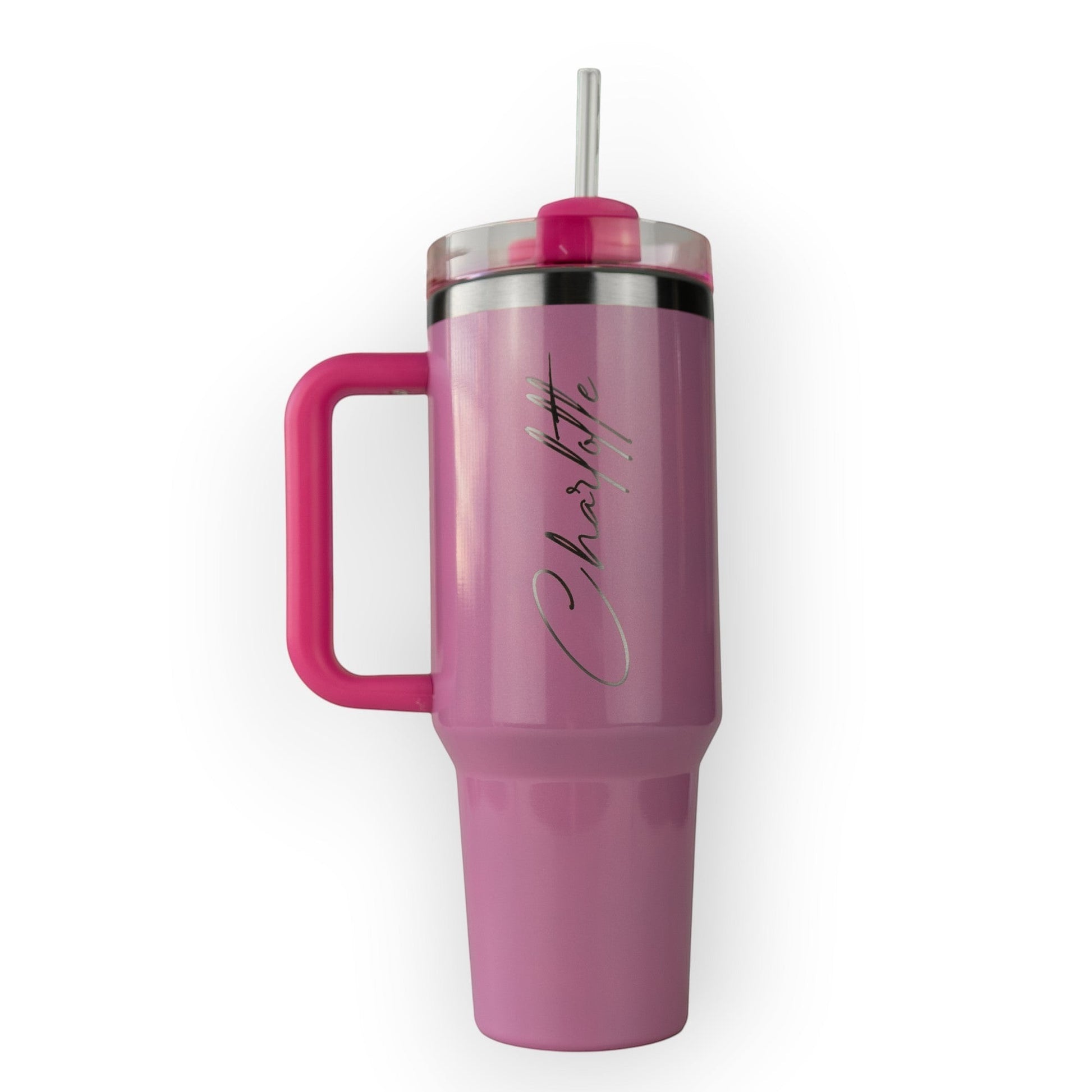 HouseEco pink stainless steel 1.2L travel mug with handle, straw, and personalised name engraving.