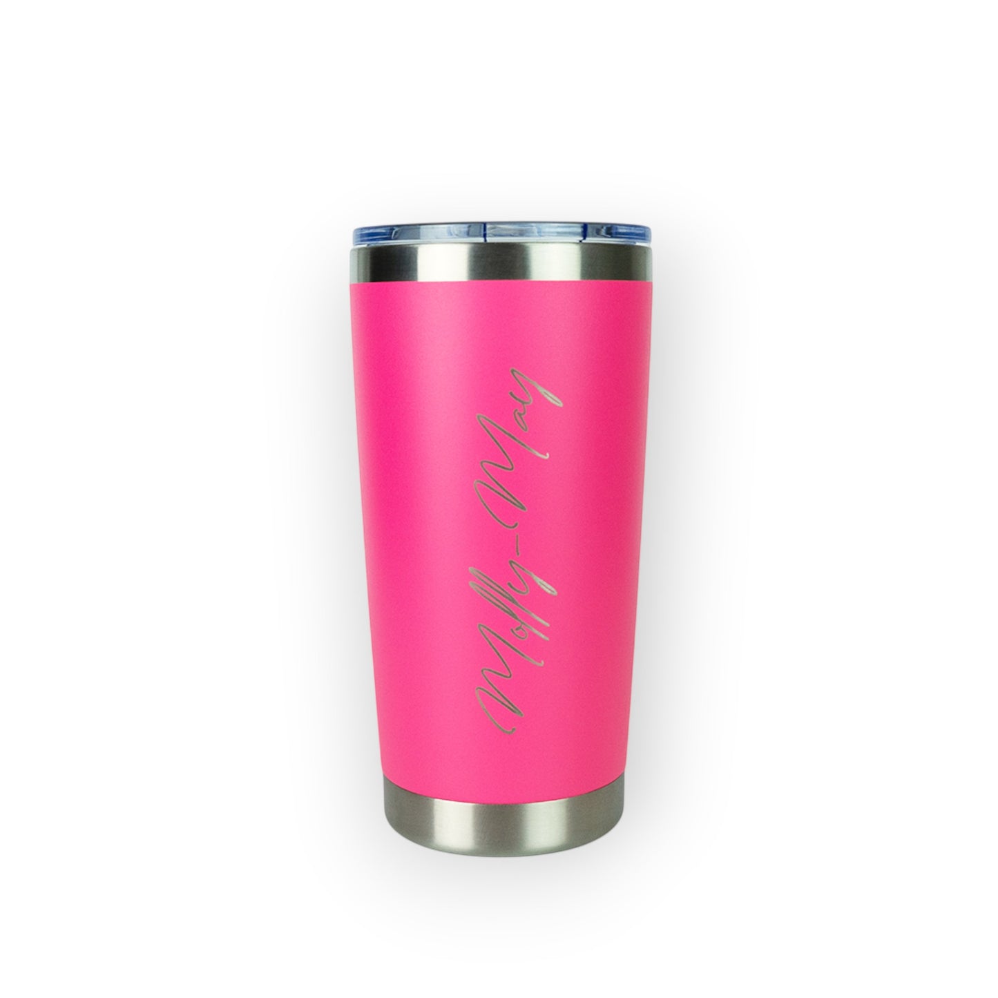HouseEco personalised hot pink insulated travel mug with engraved name 'Molly-May', 500ml capacity.