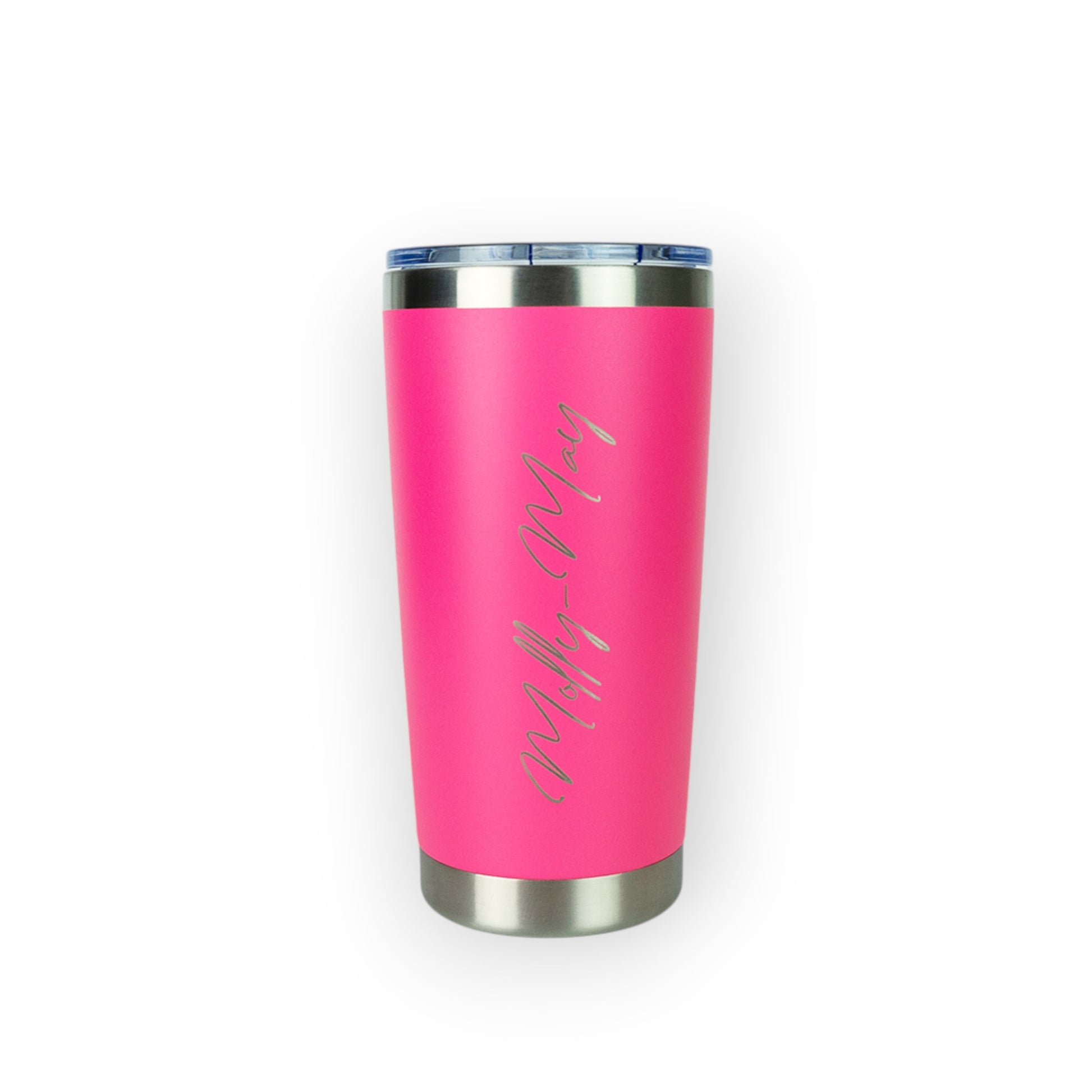 HouseEco personalised hot pink insulated 500ml travel coffee mug with engraved name and silver lid.