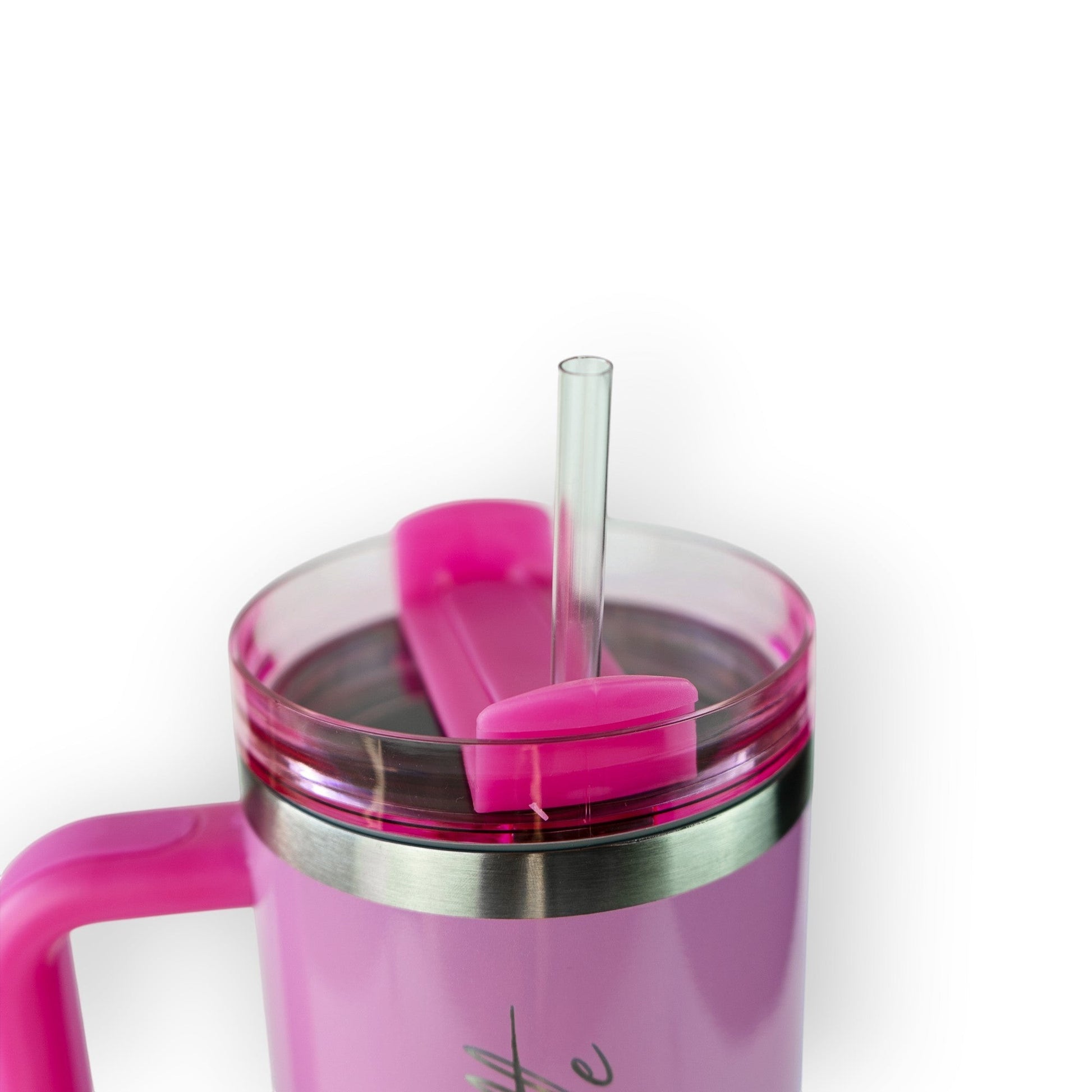 HouseEco pink stainless steel insulated travel mug with handle, straw, and lid. 1.2L capacity.