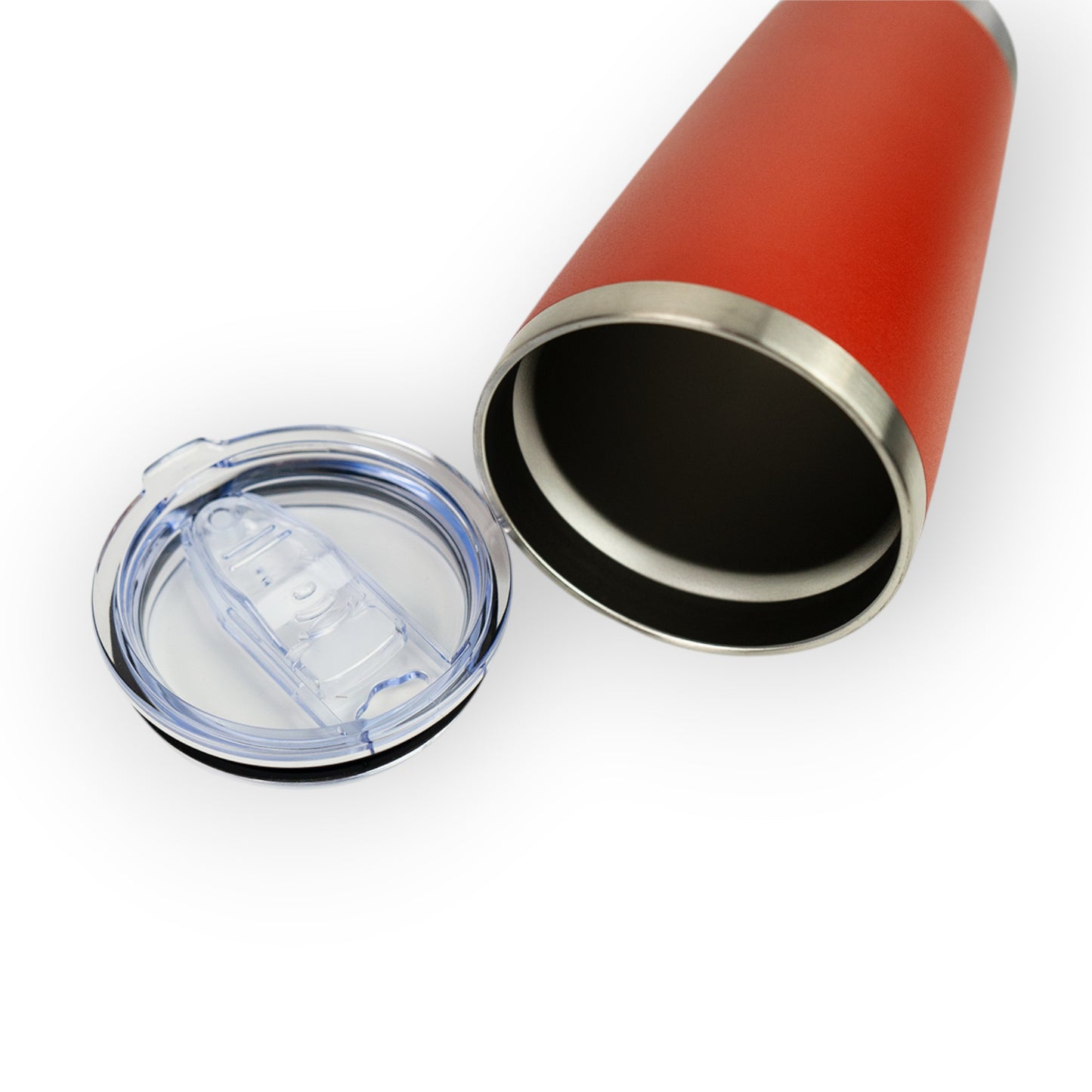 HouseEco personalised red insulated coffee mug, 500ml, stainless steel with clear lid. Custom engraved travel cup.