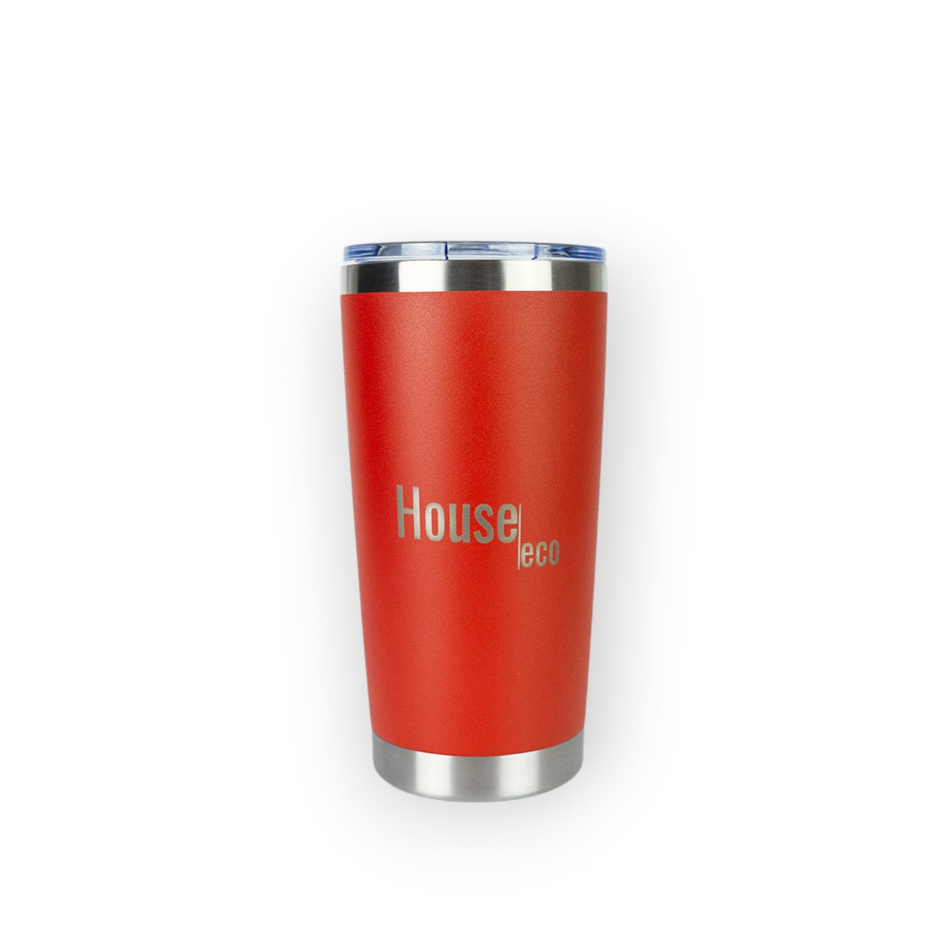 HouseEco red 500ml insulated travel coffee mug with custom engraving and silver lid.