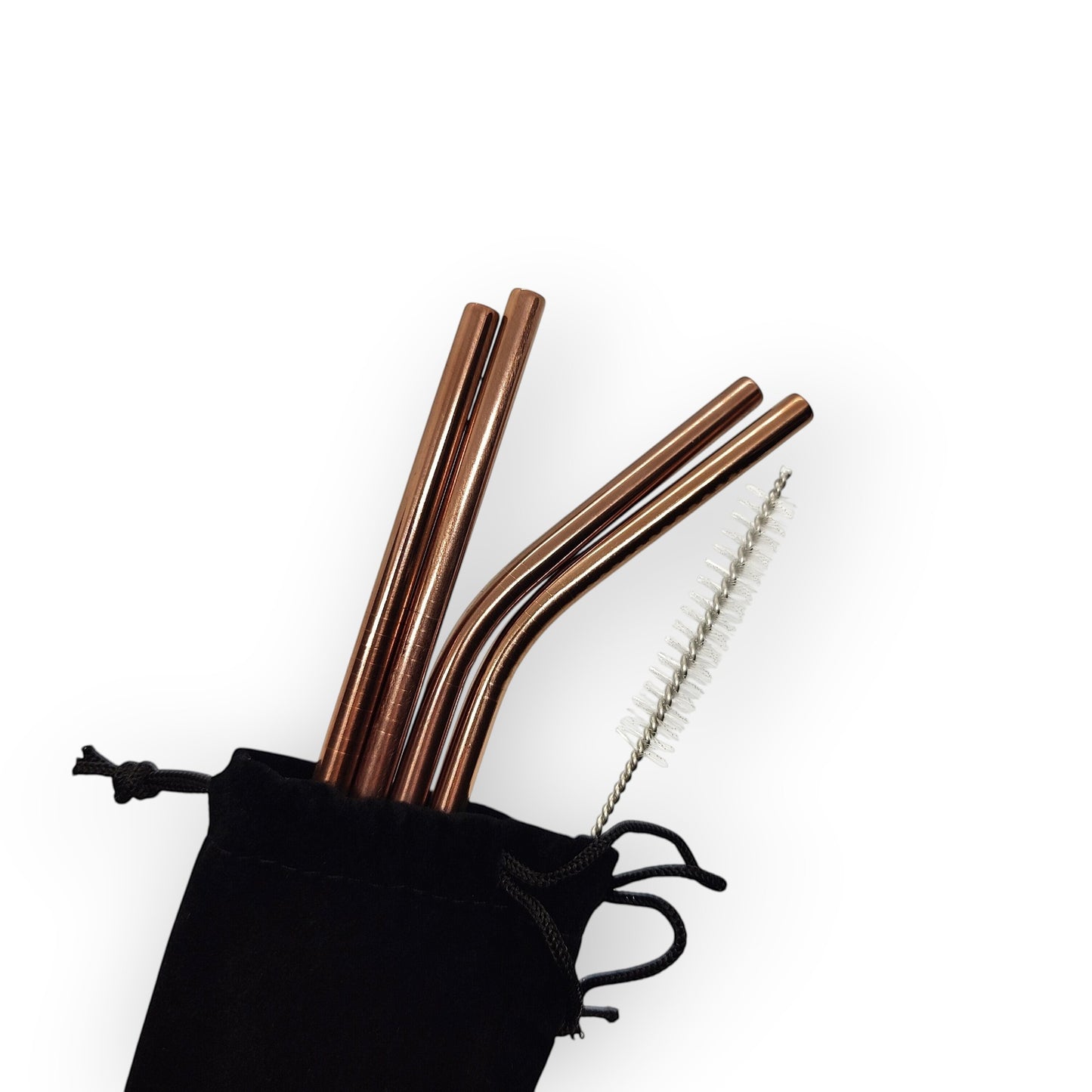 HouseEco set of 4 rose gold stainless steel straws, 2 bent and 2 straight, with cleaning brush and storage bag.