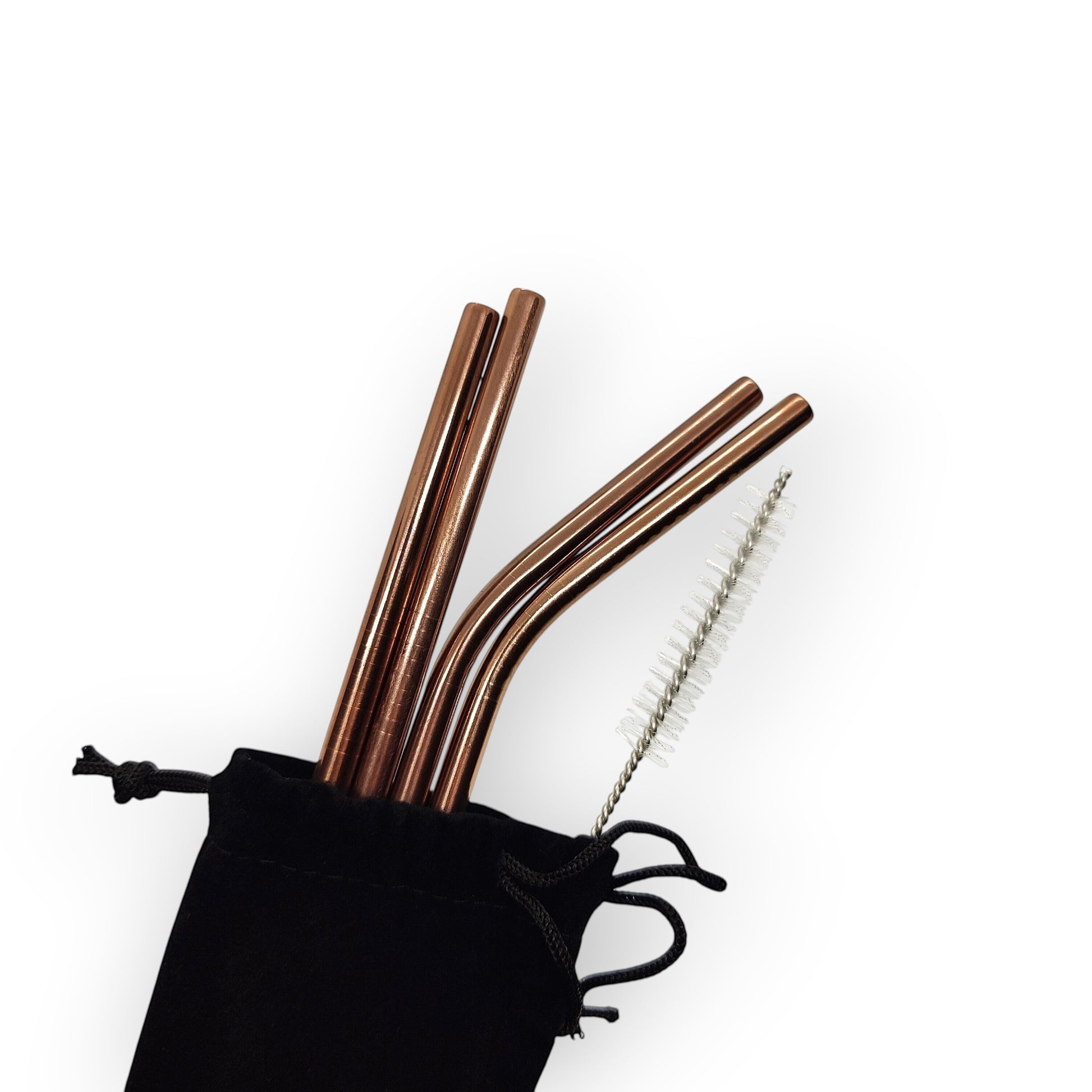 HouseEco set of 4 rose gold stainless steel straws, 2 bent and 2 straight, with cleaning brush and storage bag.