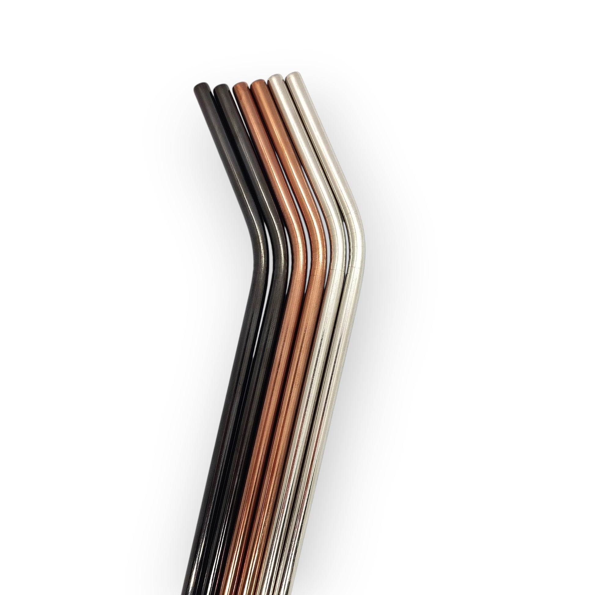 HouseEco set of 4 stainless steel metal straws in black, copper, and silver. Includes bent and straight designs.