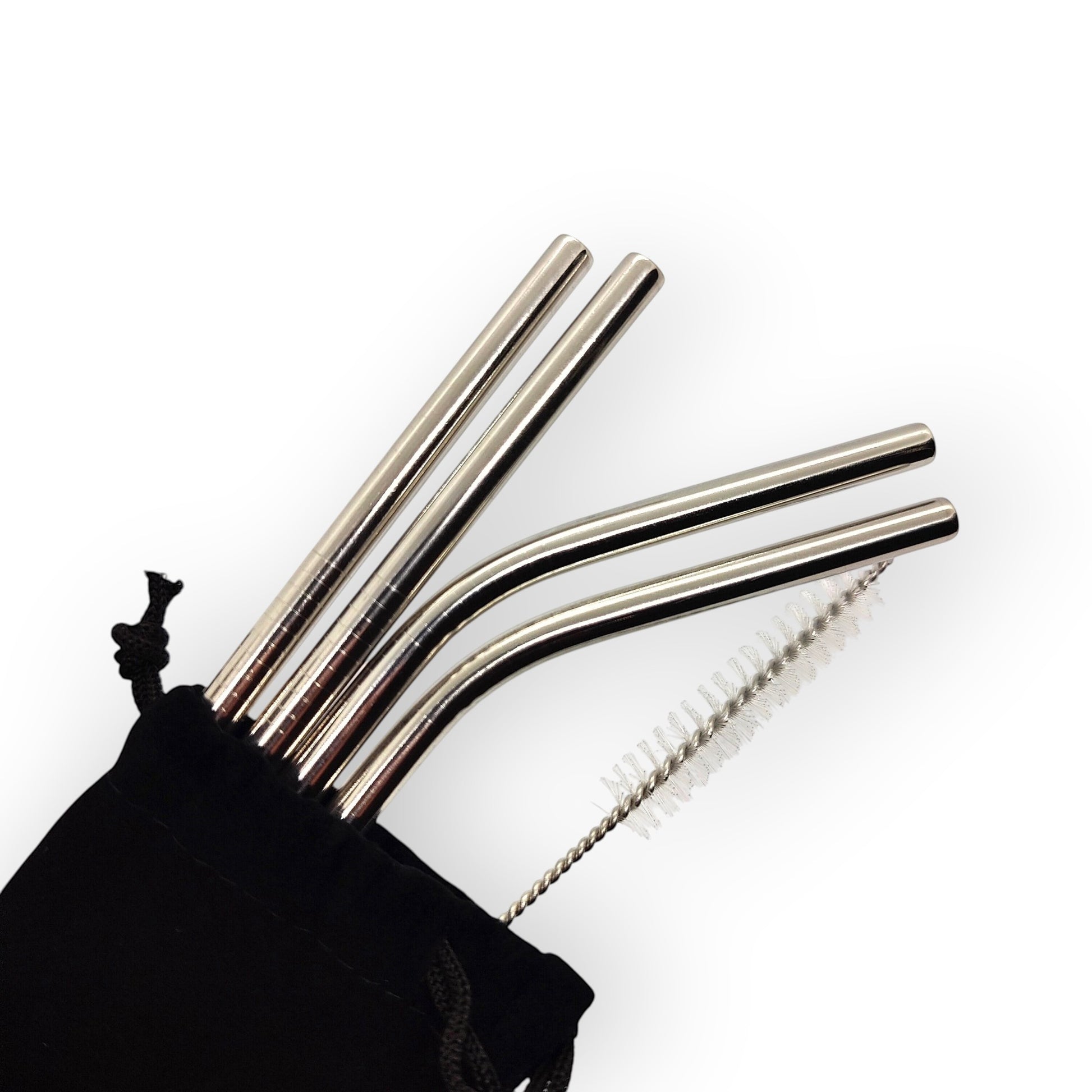HouseEco set of 4 stainless steel metal straws, includes 2 bent and 2 straight, with cleaning brush and storage bag.