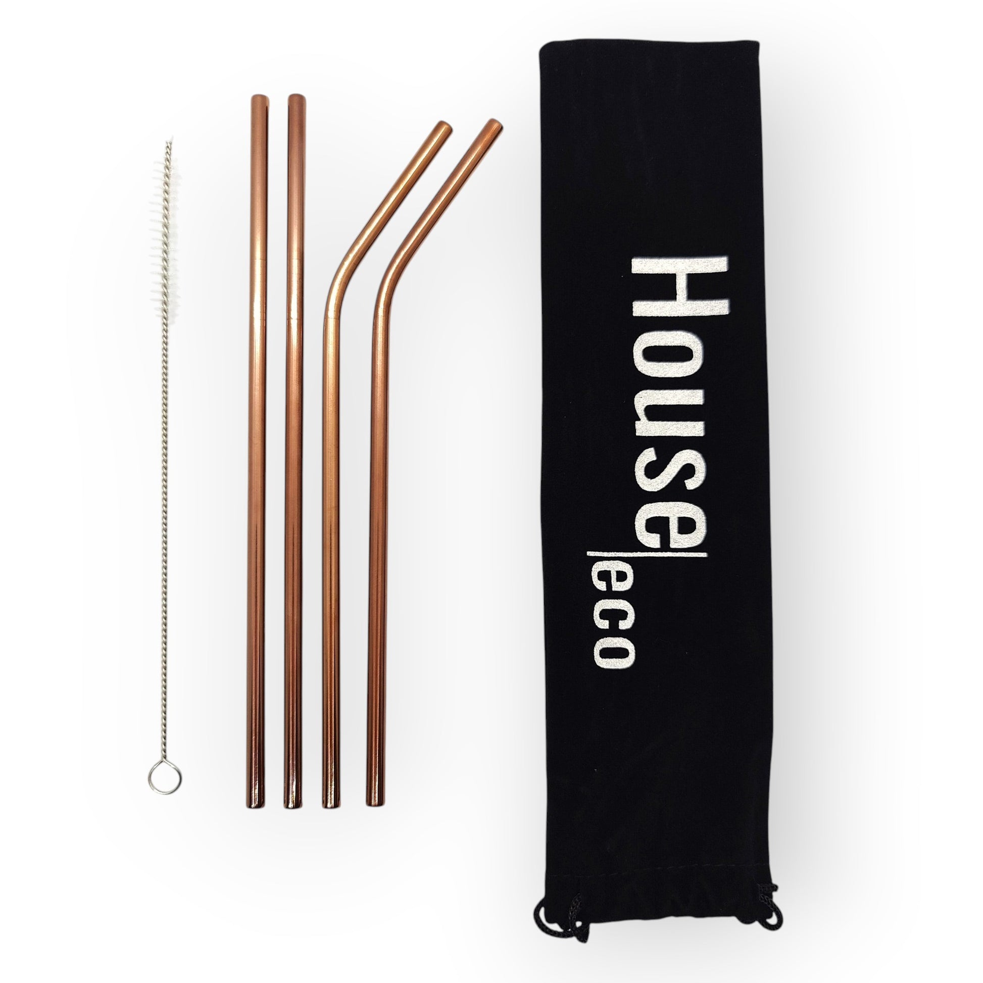 HouseEco set of 4 copper-colored stainless steel straws, including 2 bent and 2 straight, with a cleaning brush and storage bag.