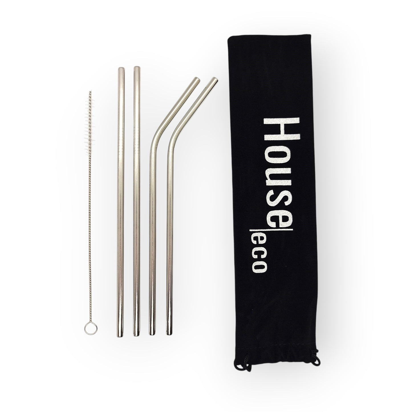 HouseEco set of 4 stainless steel straws: 2 straight, 2 bent, with cleaning brush and storage bag.