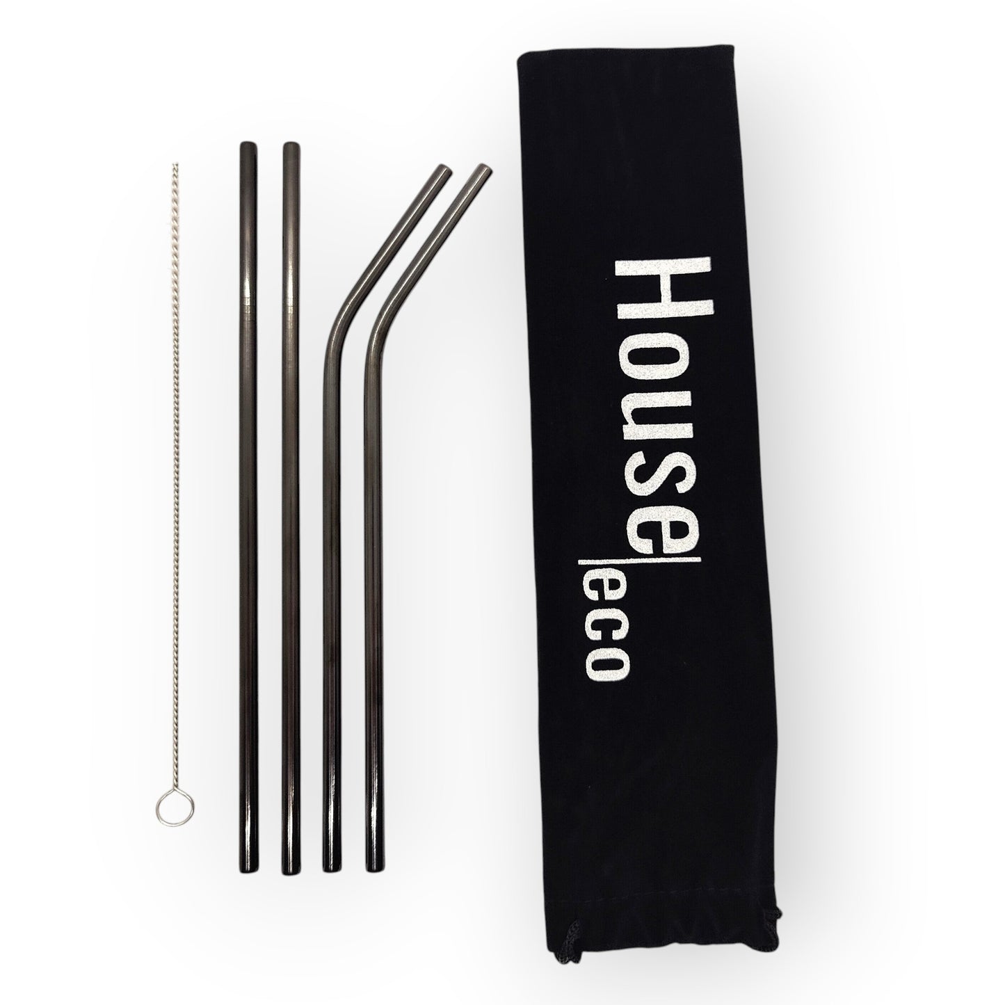 HouseEco set of 4 stainless steel straws, including 2 bent and 2 straight, with a cleaning brush and storage bag.
