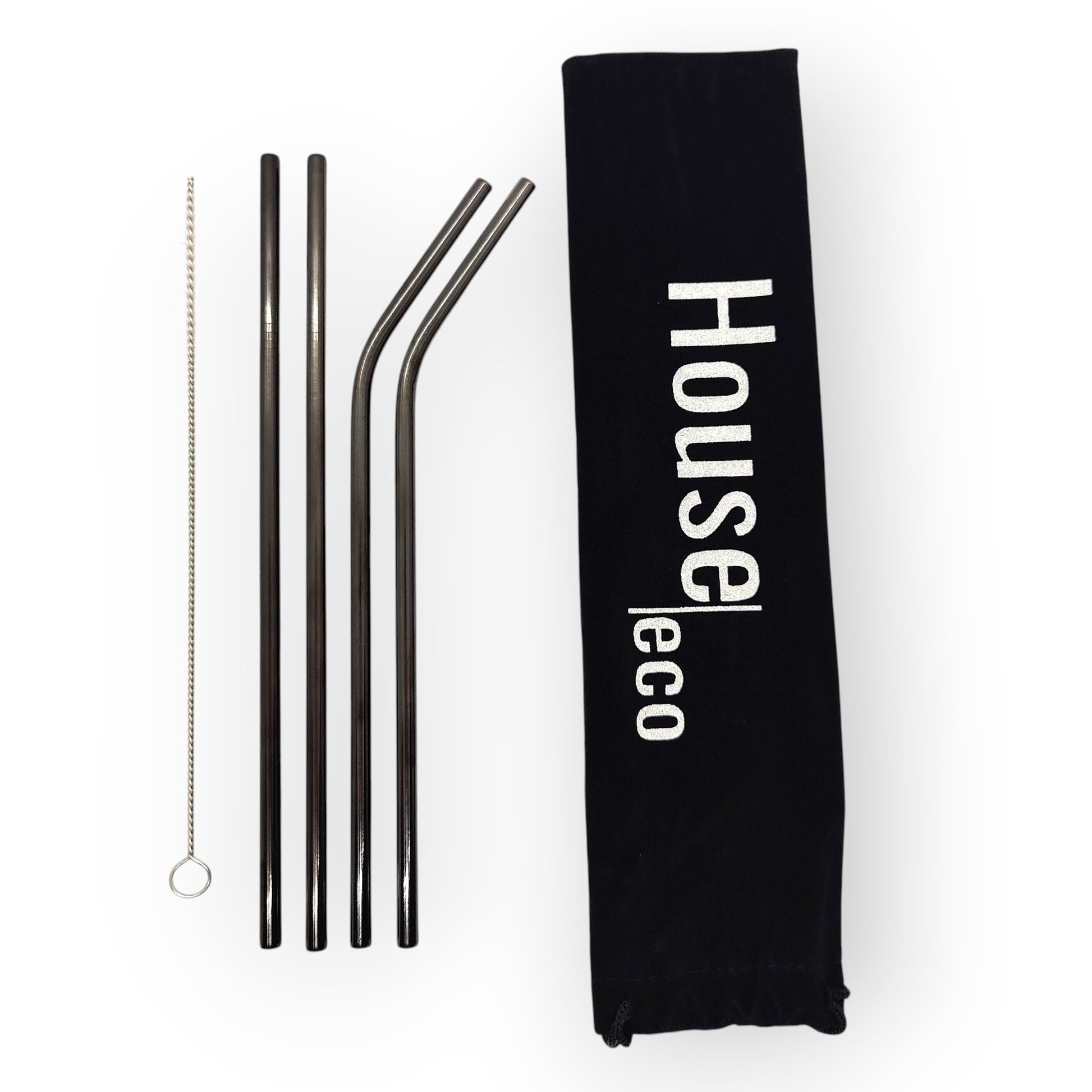 HouseEco set of 4 stainless steel straws, including 2 bent and 2 straight, with a cleaning brush and storage bag.