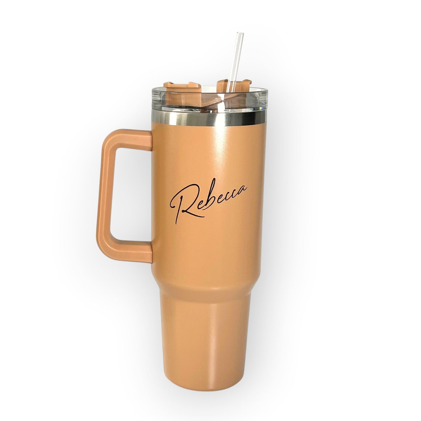 HouseEco personalised tan insulated travel mug with handle and straw, 1.2L capacity, stainless steel, custom name engraving.