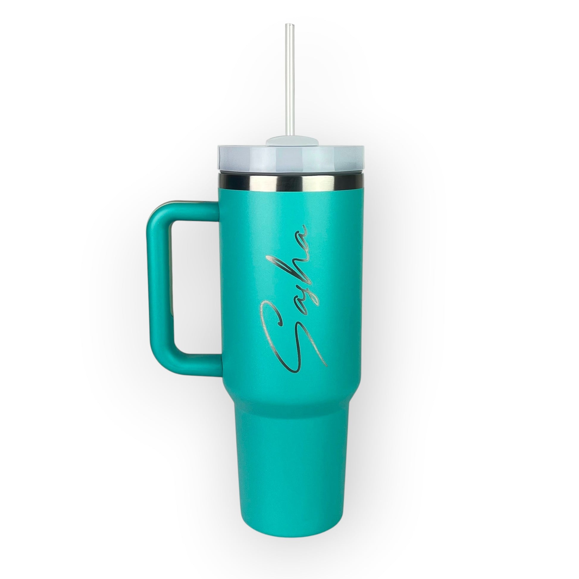 HouseEco teal stainless steel 1.2L travel mug with handle, straw, and personalised name engraving.