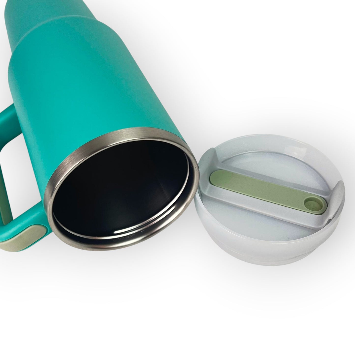 HouseEco teal stainless steel insulated travel mug with handle and straw lid, 1.2L capacity.