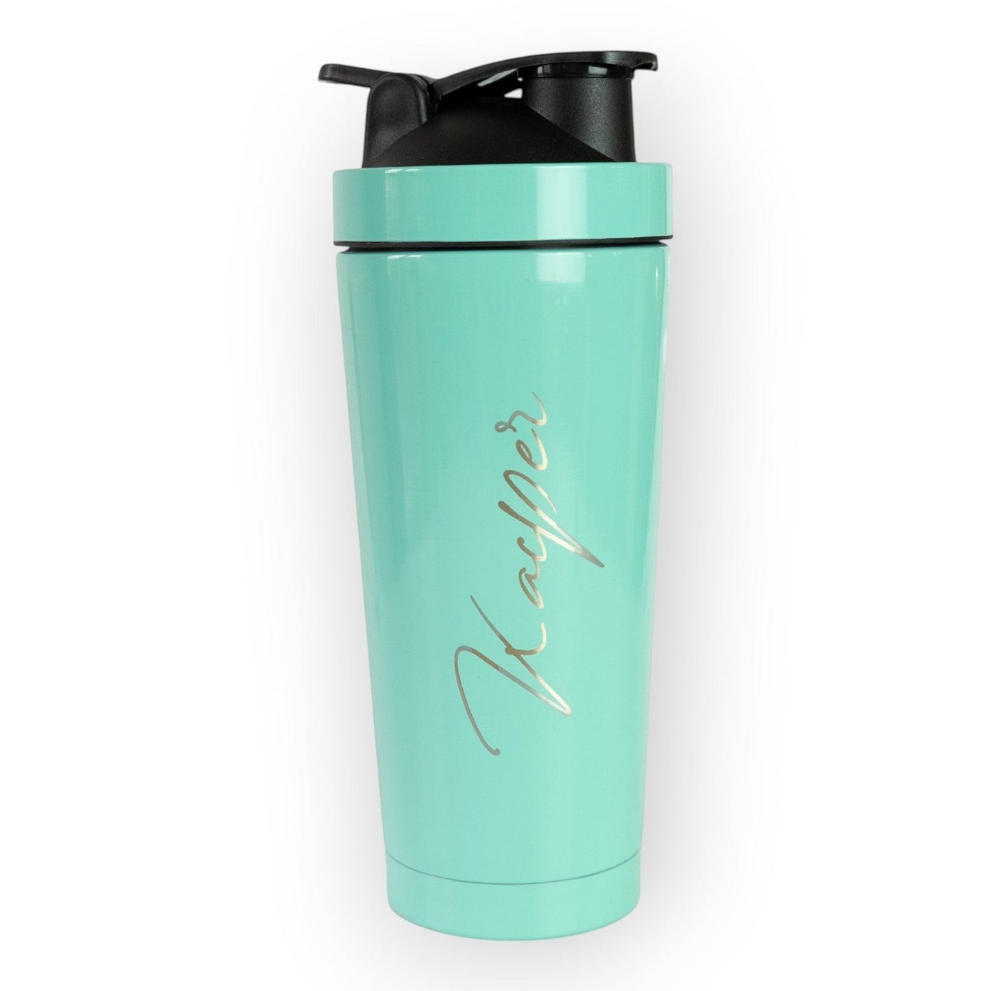 HouseEco teal 750ML insulated metal protein shaker with black lid and 'Kacper' engraving. Leakproof design with carry handle.