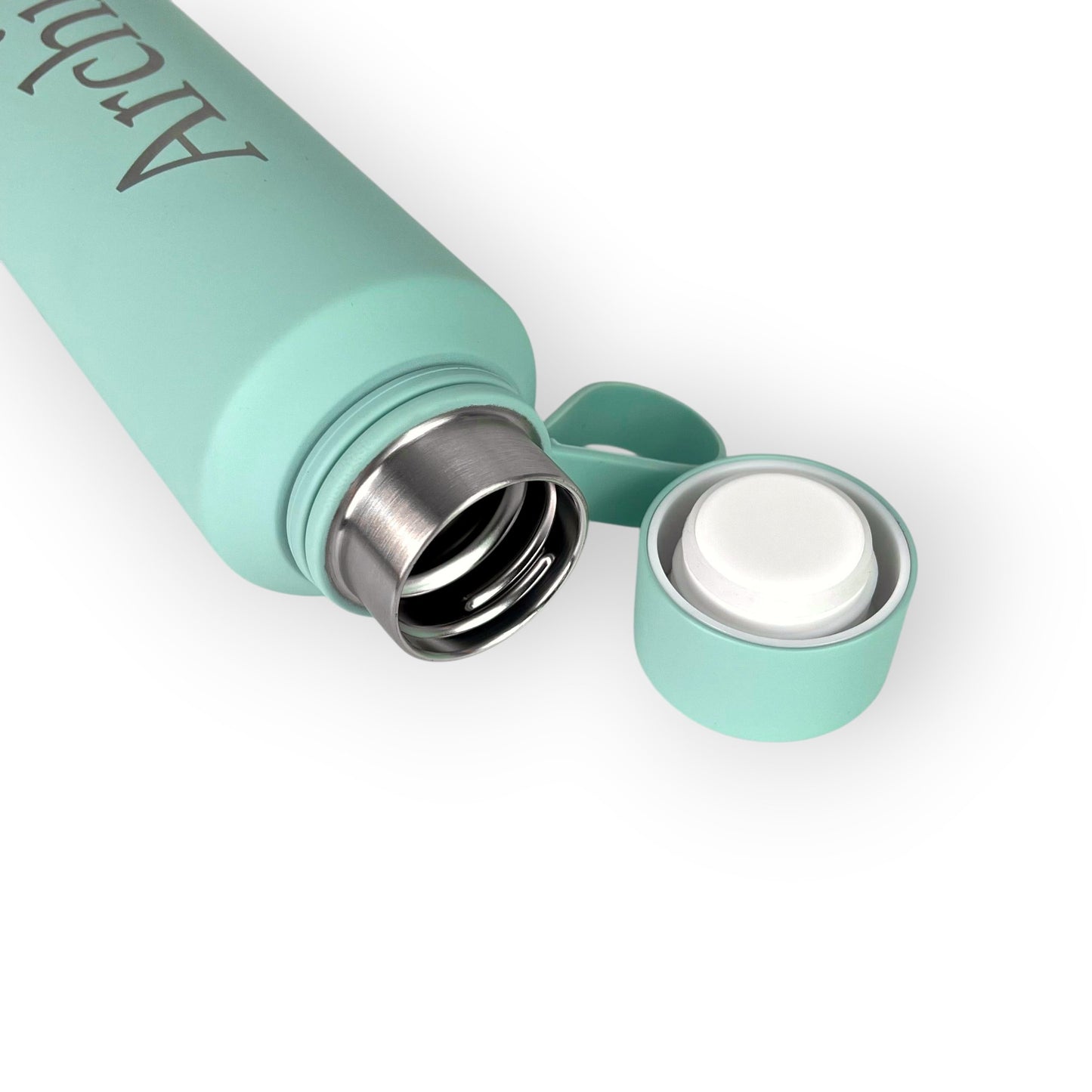 HouseEco 600ml teal soft-touch insulated water bottle with silicone carry handle and twist lid.