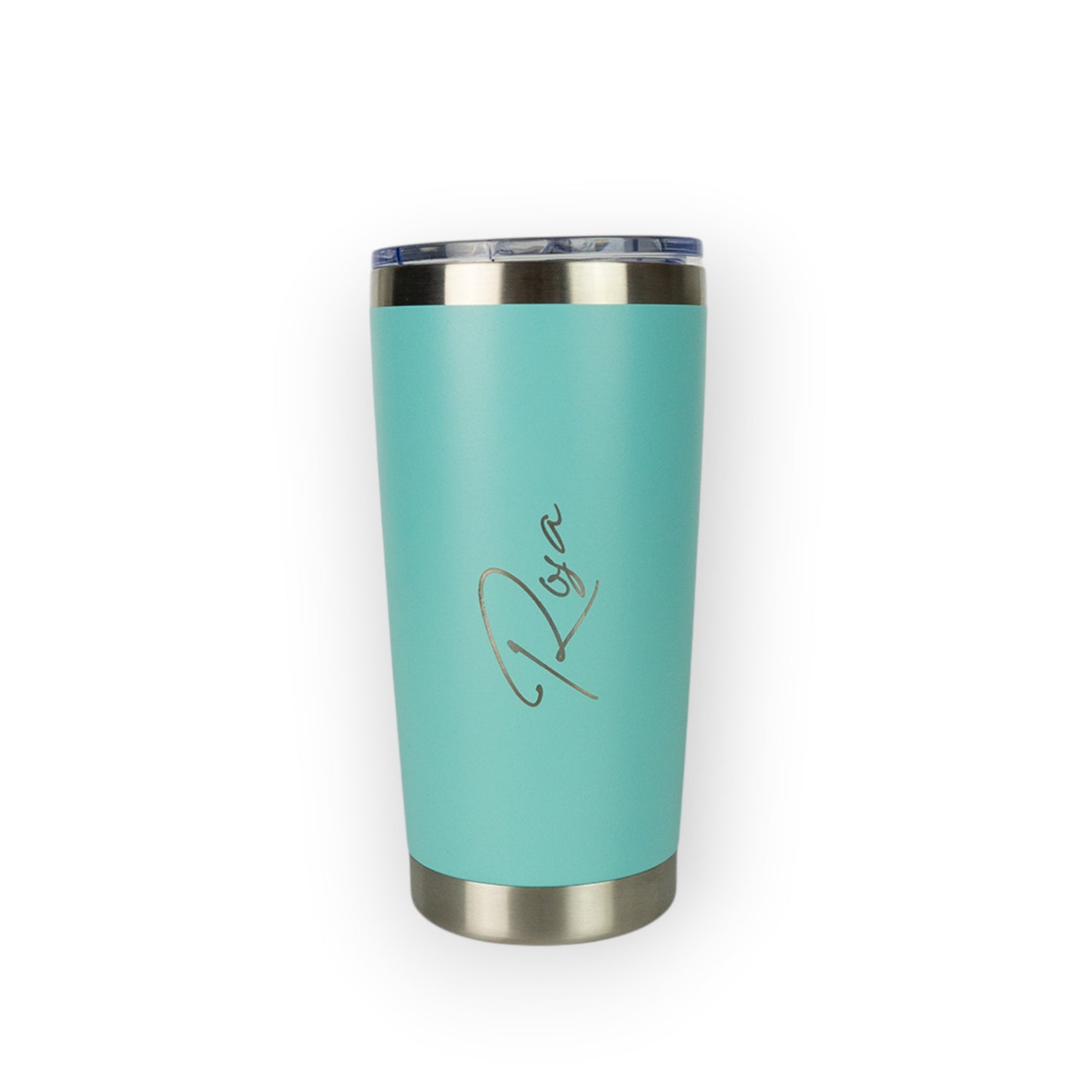 HouseEco personalised teal insulated 500ml travel coffee mug with engraved name. Stainless steel base and lid.