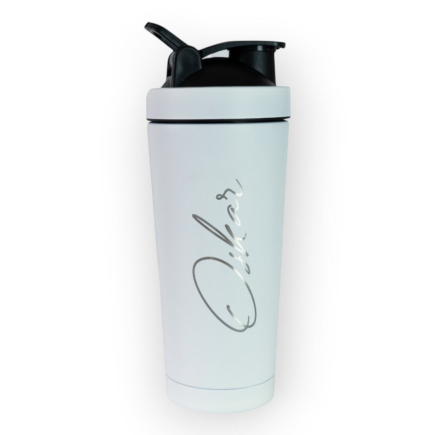 HouseEco white 750ML insulated metal protein shaker with engraved script and leakproof lid. Ideal for gym or as a water bottle.