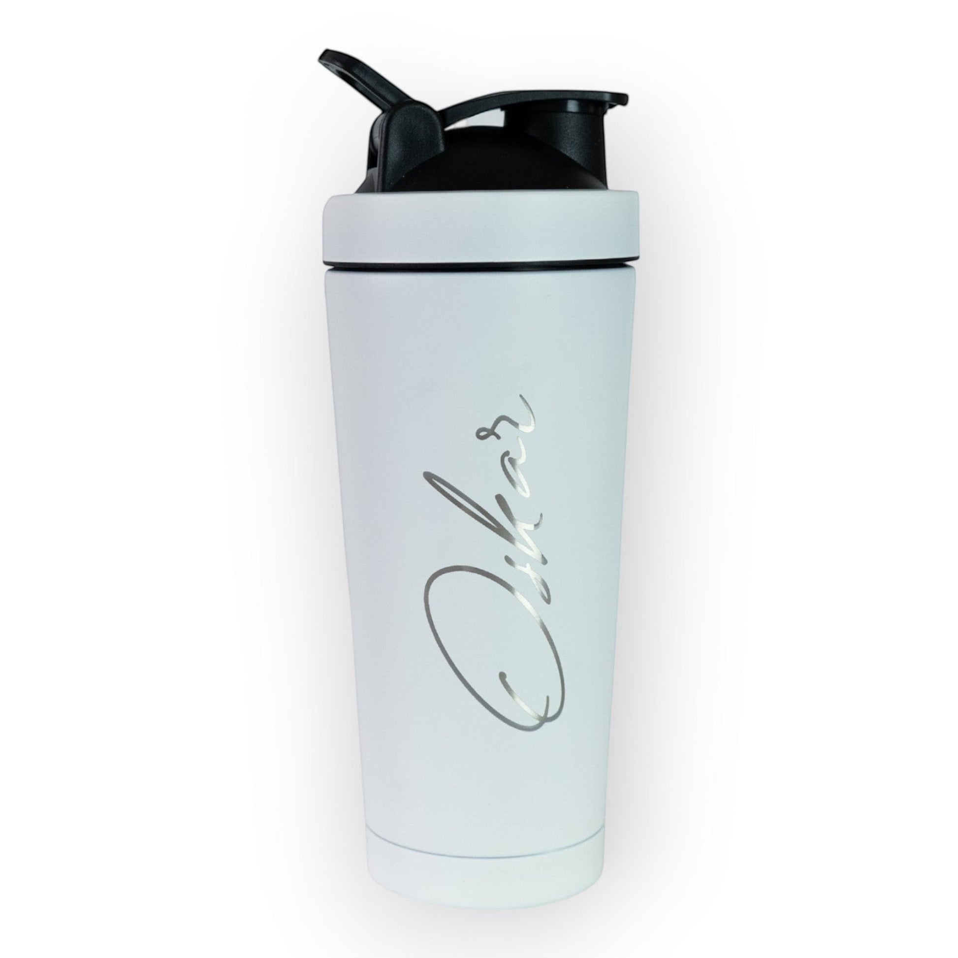 HouseEco white 750ML insulated metal protein shaker with engraved script and leakproof lid. Ideal for gym or as a water bottle.