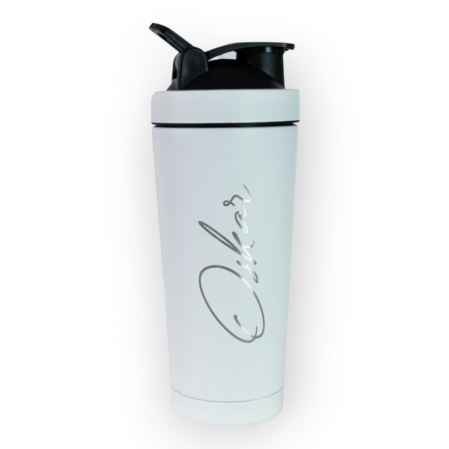 HouseEco white 750ML insulated metal protein shaker with engraved name and leakproof lid.