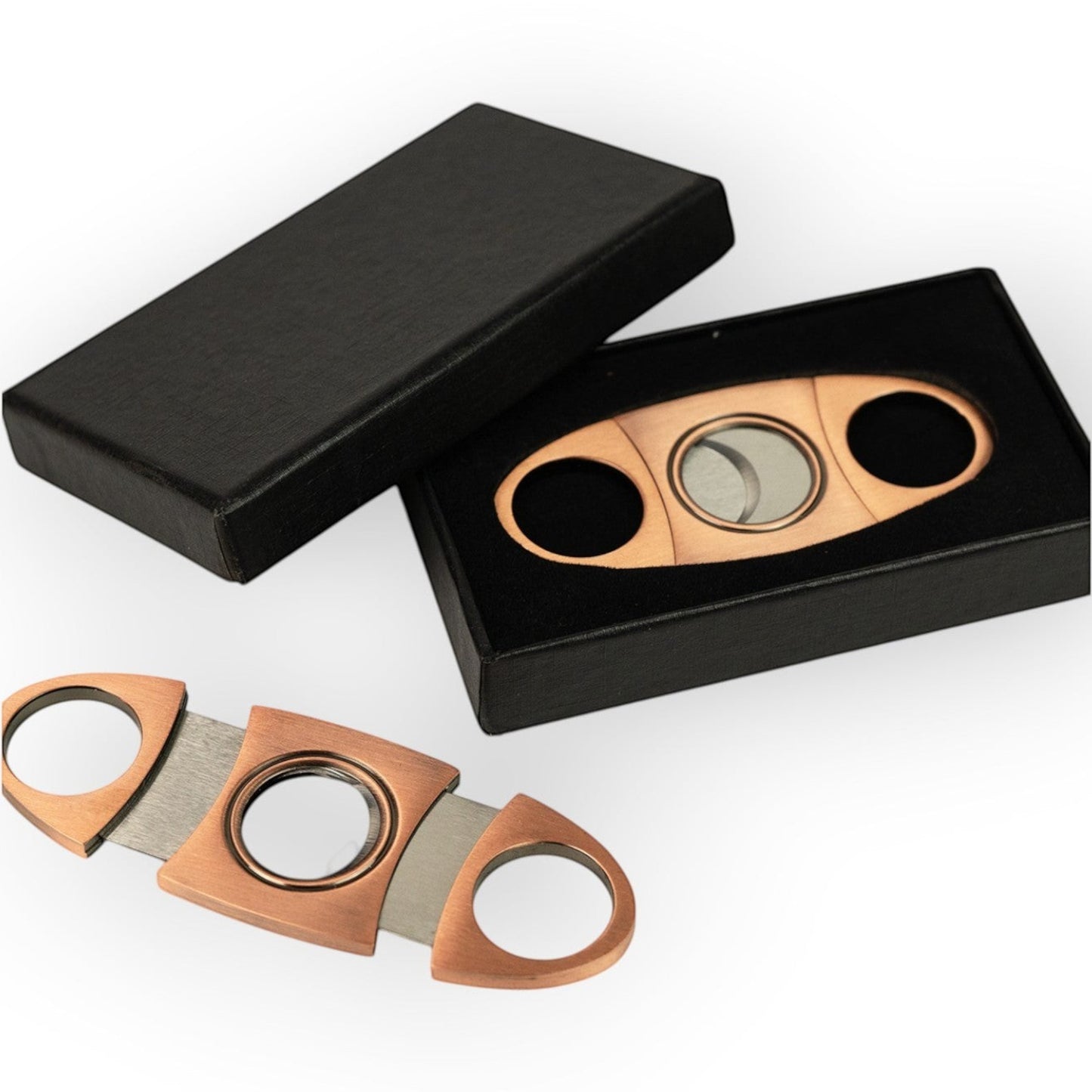 HouseOfCigar cutter with stainless steel blades and copper finish, includes gift box. Perfect for cigar enthusiasts.