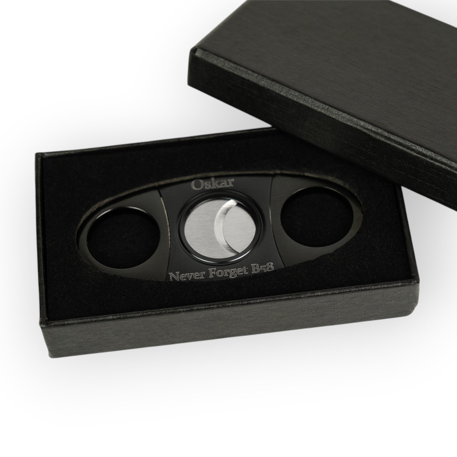 House of Eco black stainless steel cigar cutter with precision blades, personalised with 'Oskar' and 'Never Forget B=8'. Includes gift box.