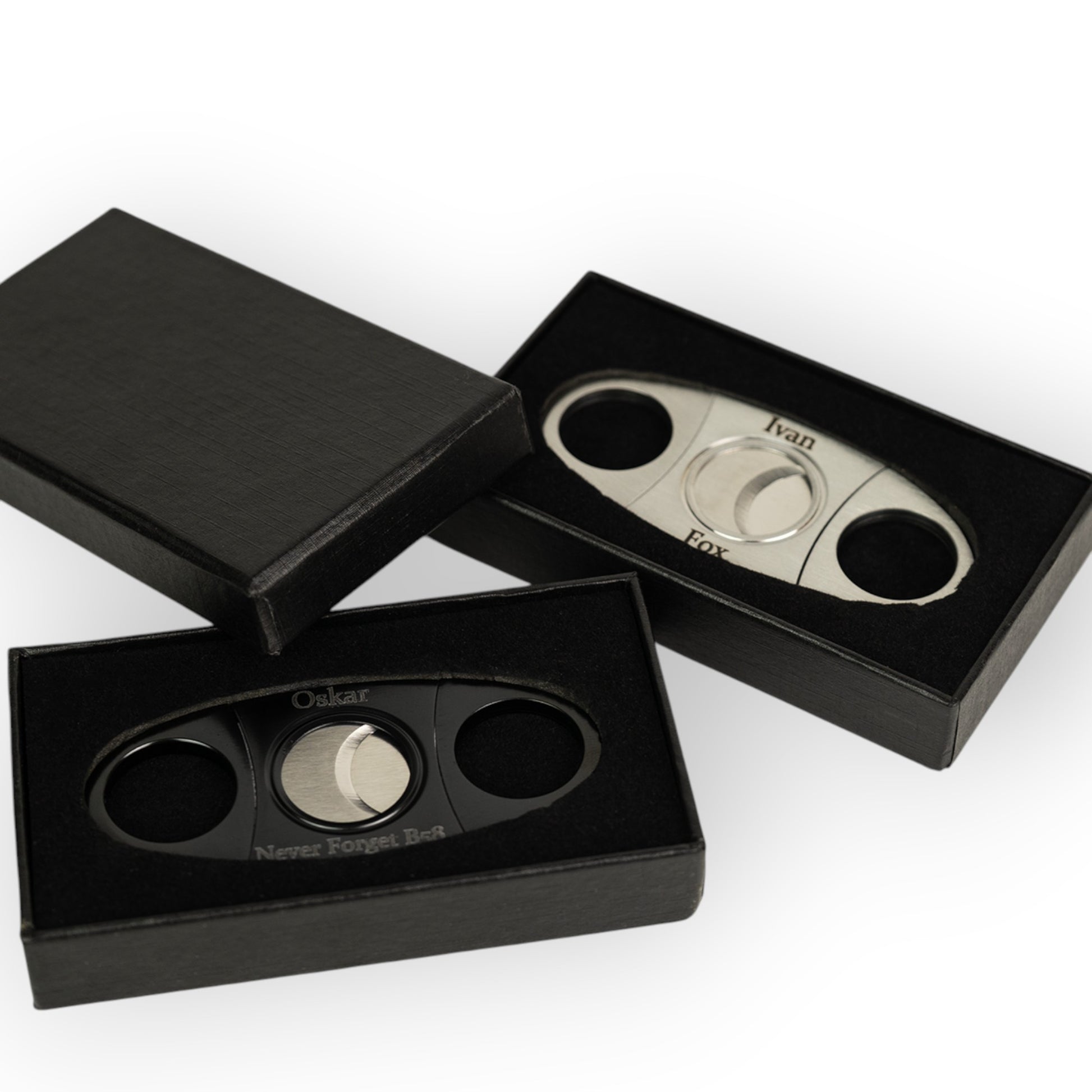 House of Eco personalised stainless steel cigar cutter with gift box, featuring precision blades and custom engraving.