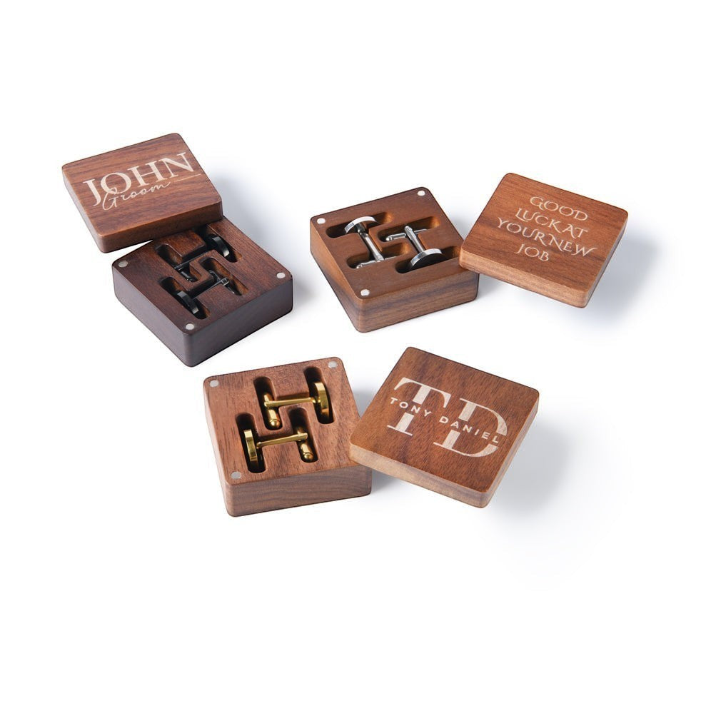 HouseOfEco personalised engraved cufflinks in wooden boxes. Silver and gold metal cufflinks with custom text and initials.