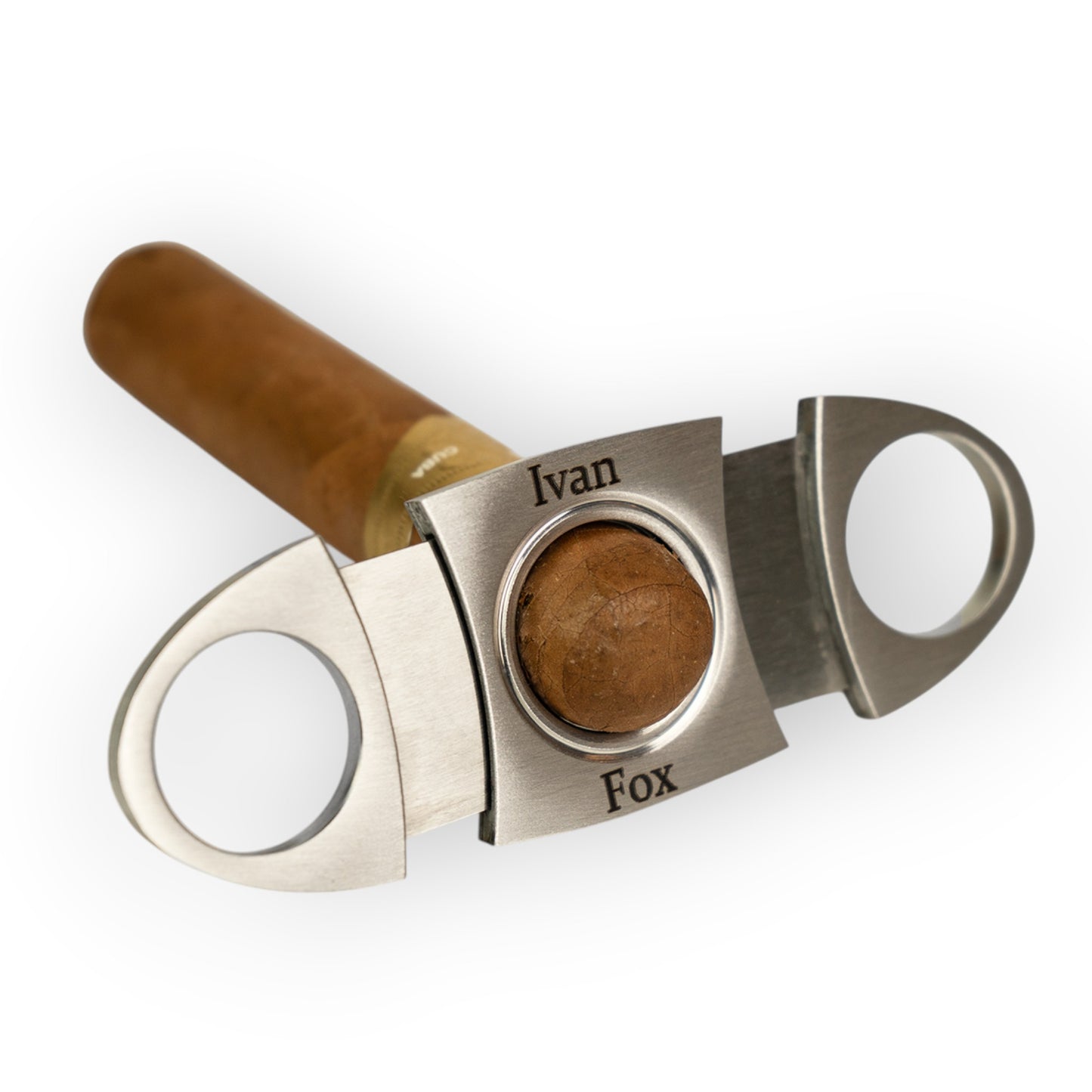 House of Eco stainless steel cigar cutter with precision blades, engraved with 'Ivan Fox', includes gift box.