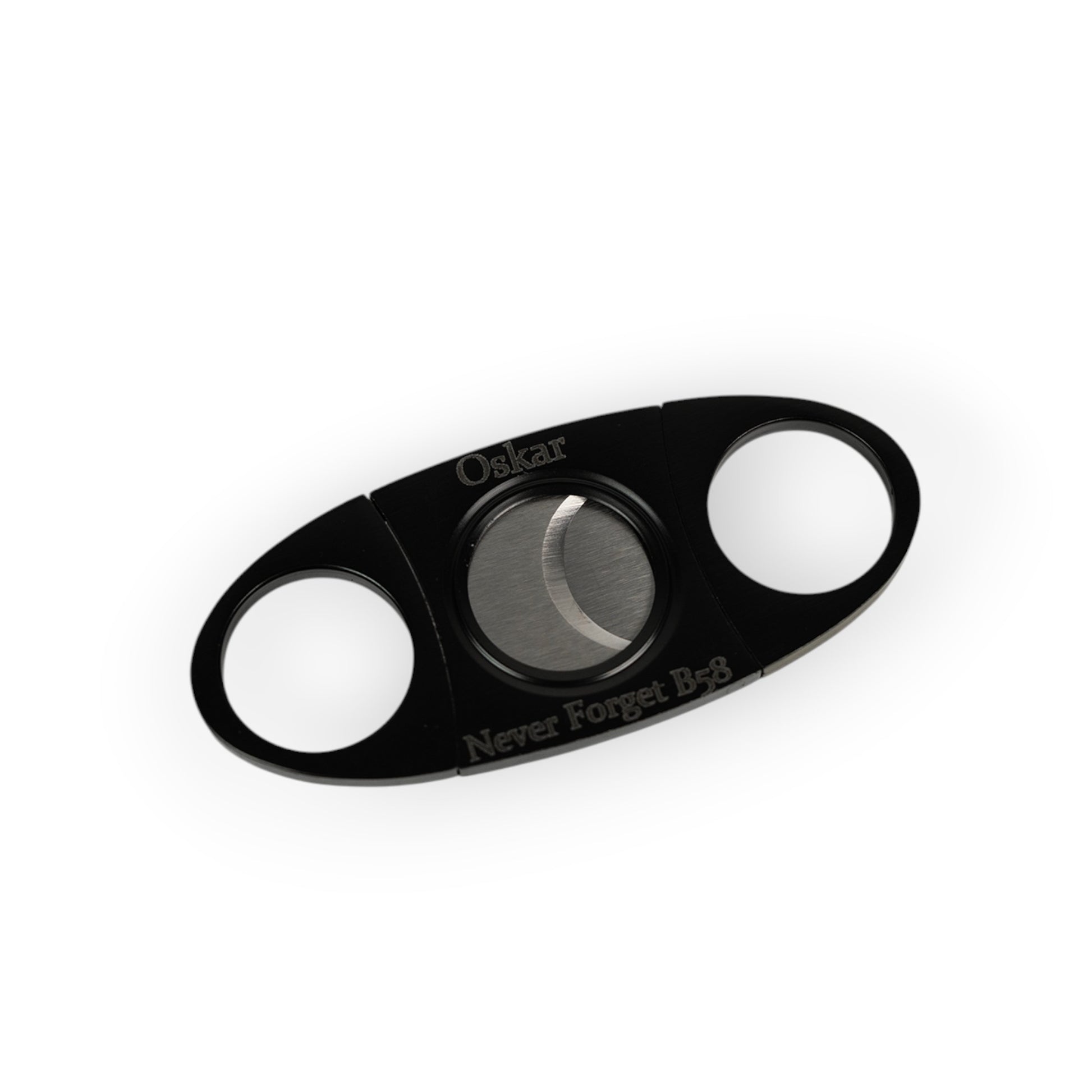 HouseOfOskar black stainless steel cigar cutter with precision blades and gift box. Personalised engraving option available.